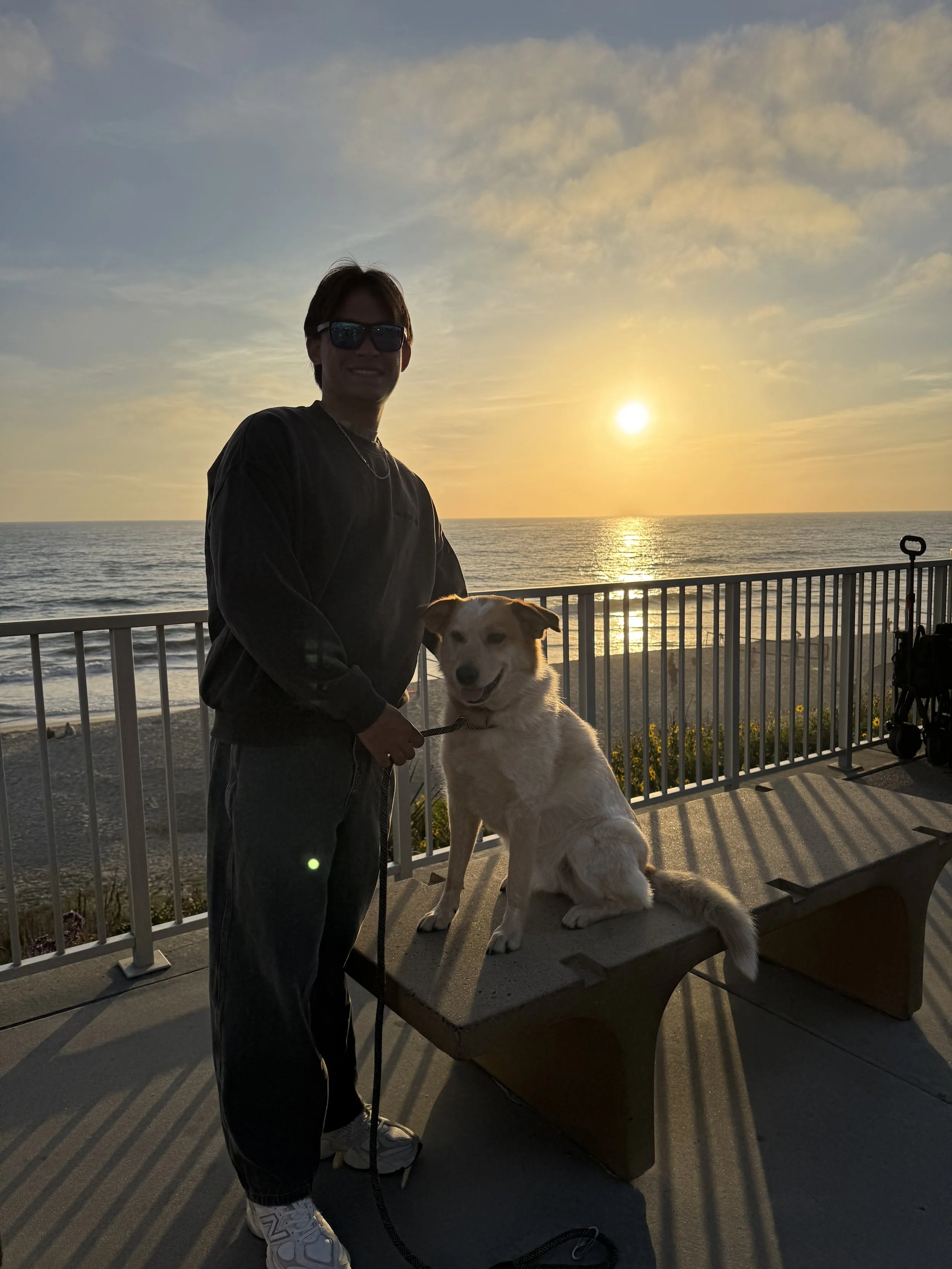 A person wearing sunglasses and a dark jacket standing with a dog on a leash near a seaside at sunset, with a lighthouse and a fence in the background.