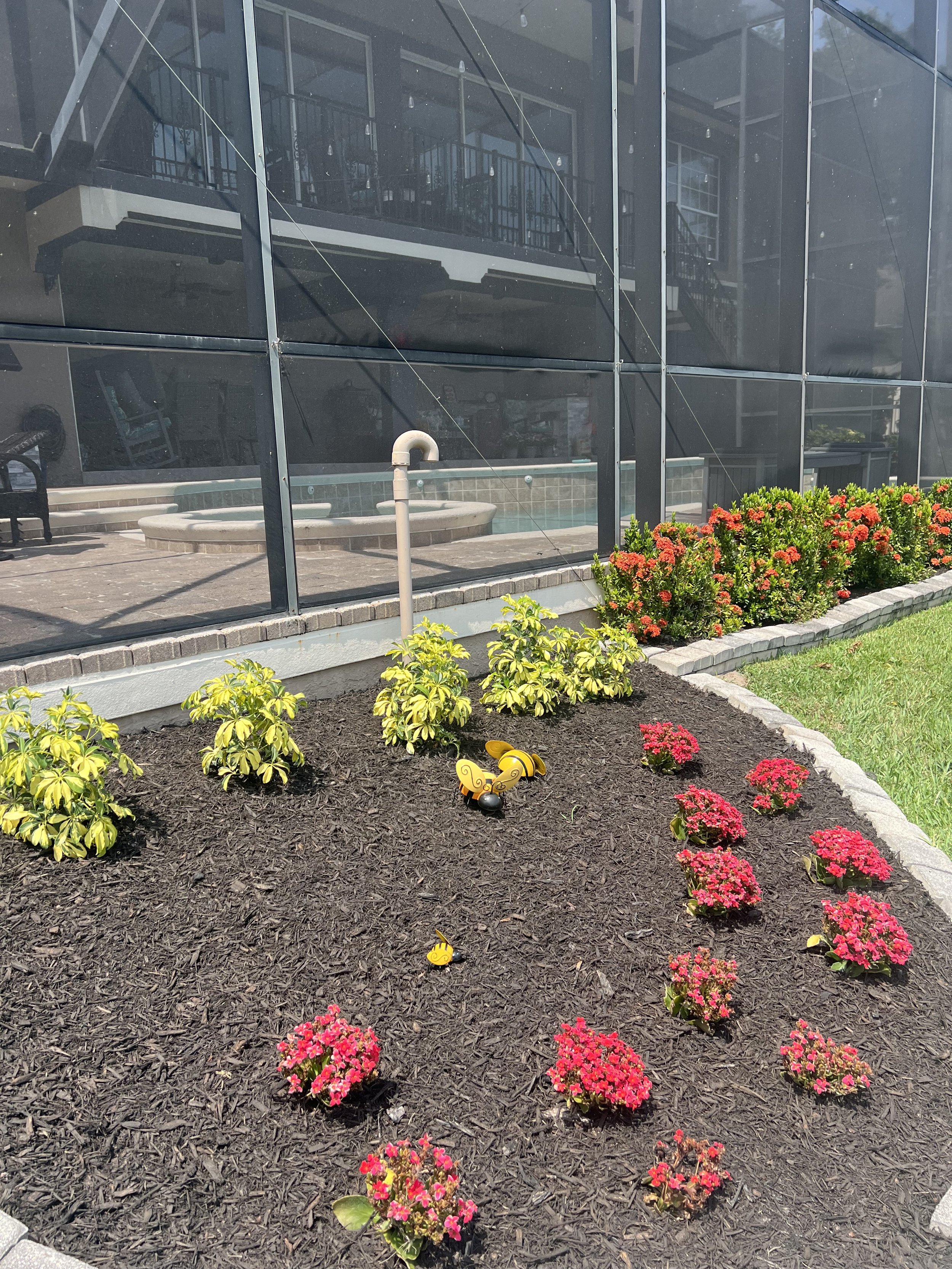 View of a garden bed with pink and yellow flowers, mulch, a decorative yellow snail, and a small yellow butterfly ornament. Behind the garden is a glass building reflecting an outdoor balcony and stairs.