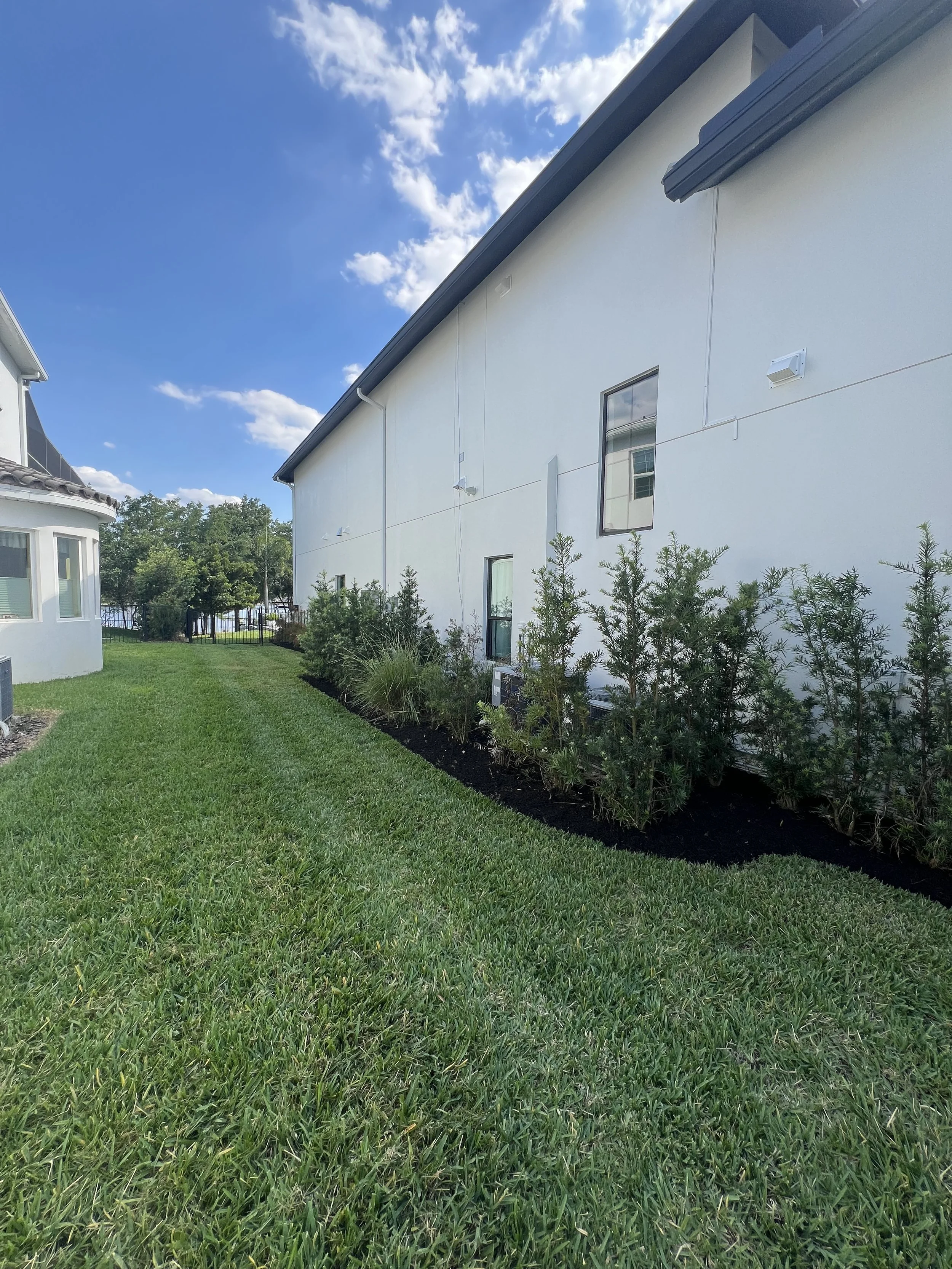 A suburban backyard with a well-maintained green lawn, a small garden bed with shrubs along the house, and a white exterior house wall with a window and some utility units under a partly cloudy blue sky.