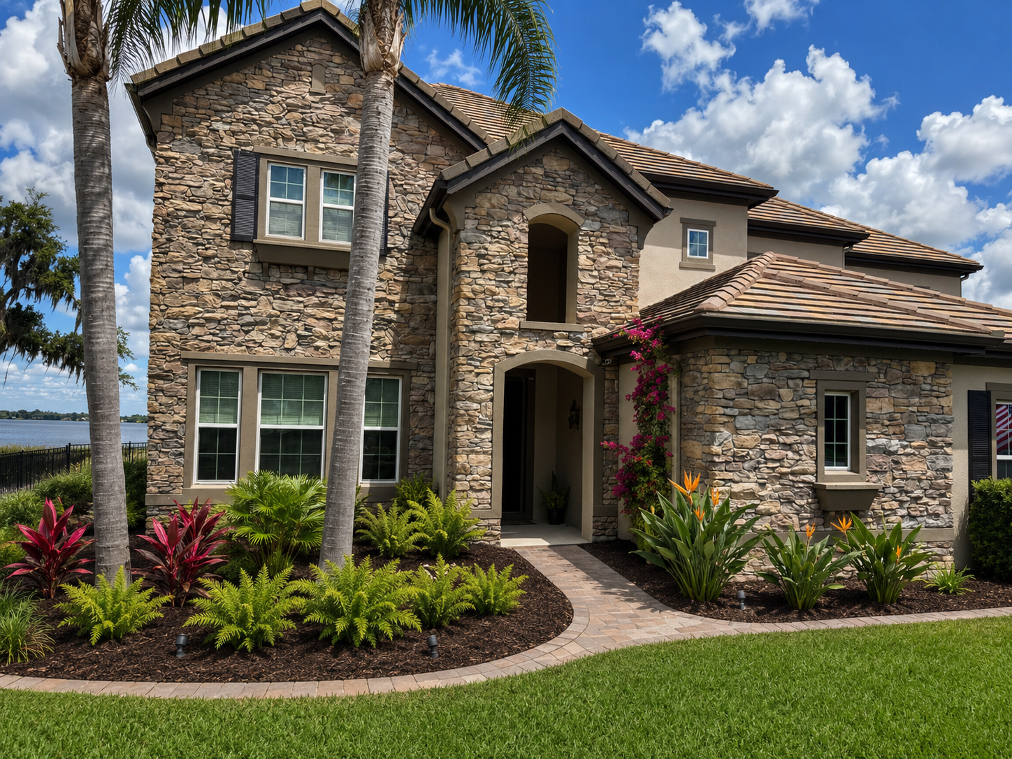 View of a two-story house with stone and stucco exterior, surrounded by a landscaped yard with green grass, tropical plants, and trees, under a blue sky with clouds.