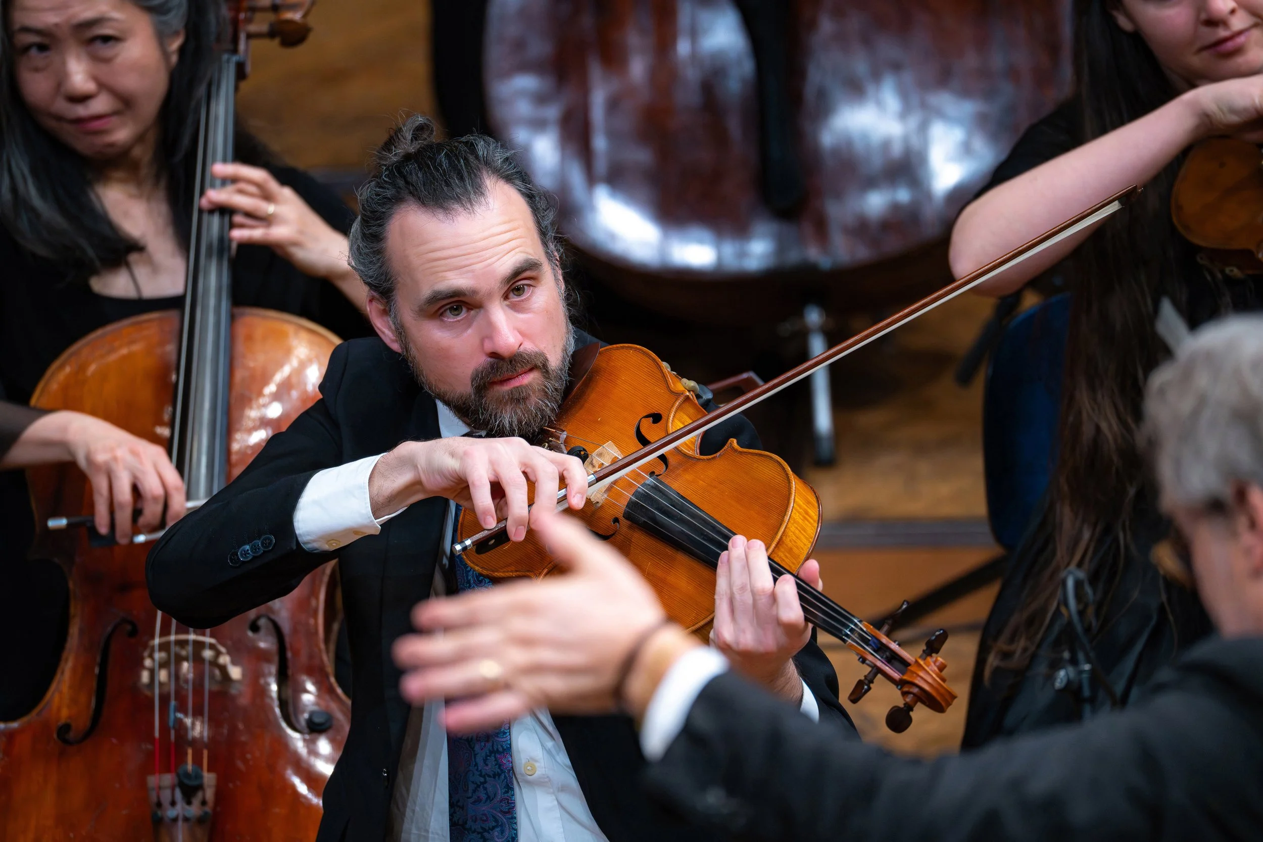 Musiker des 21st Century Orchestra während eines Live-Konzerts im KKL Luzern mit Violine und Orchester