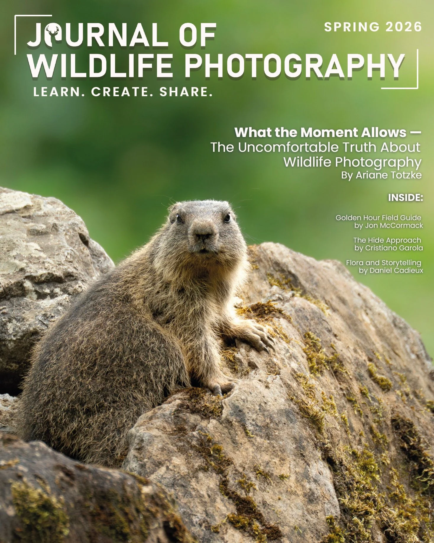 Titelbild des Journal of Wildlife Photography (Spring 2026) mit einem Alpenmurmeltier auf einem Felsen. Die Ausgabe enthält die Cover Story von Ariane Totzke über ethische Wildlife-Fotografie