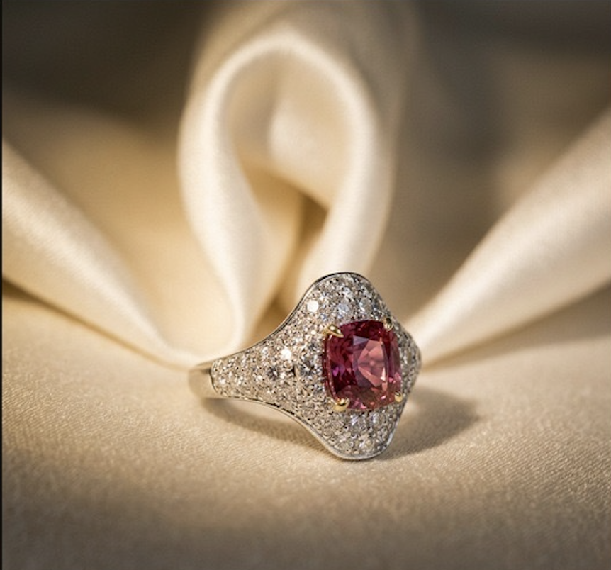 A diamond ring with a large pink gemstone in the center, surrounded by numerous smaller diamonds, placed on a silky beige fabric.