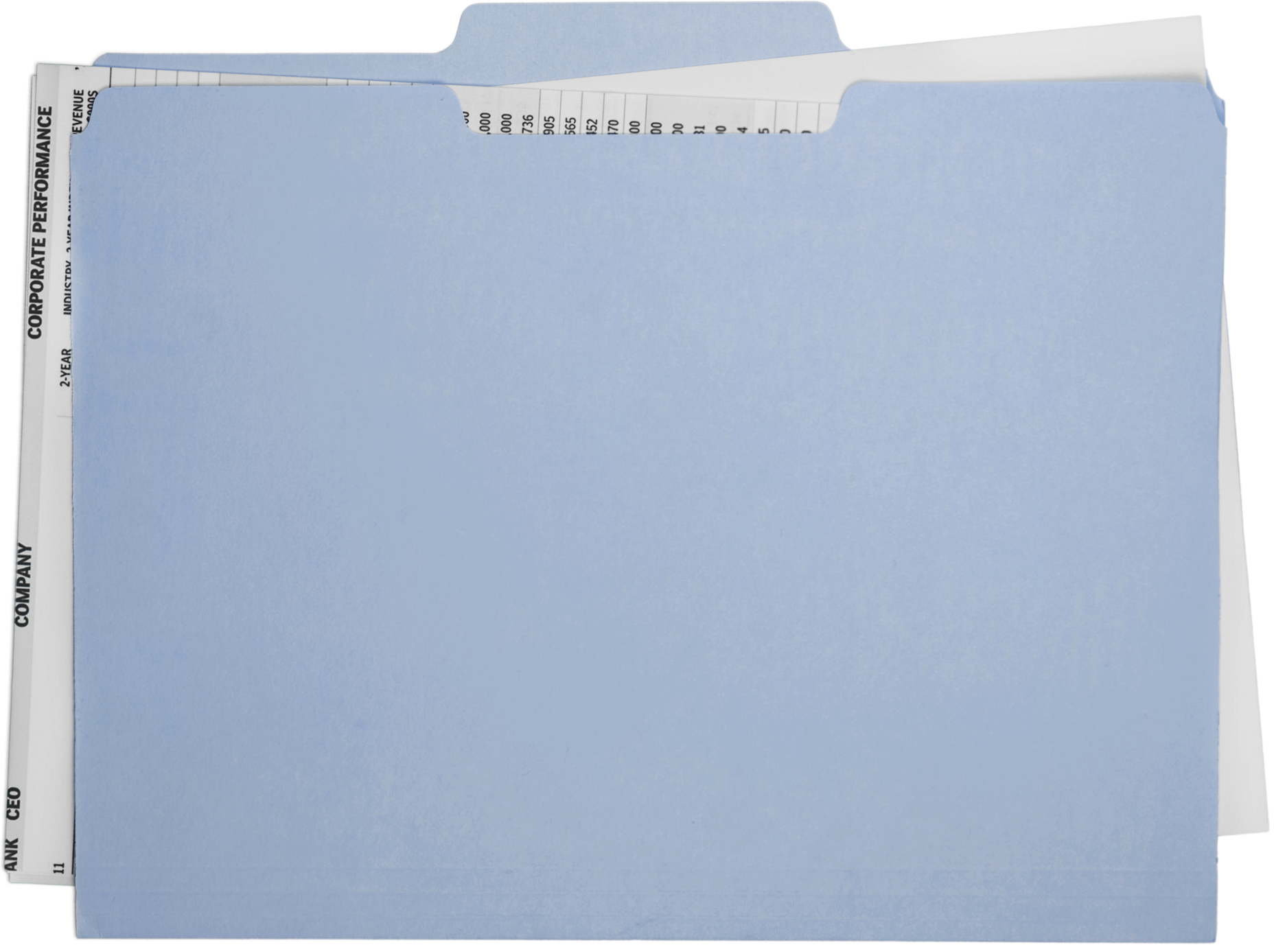 Open blue file folder containing visible pages with printed text and numbers, likely receipts or invoices.
