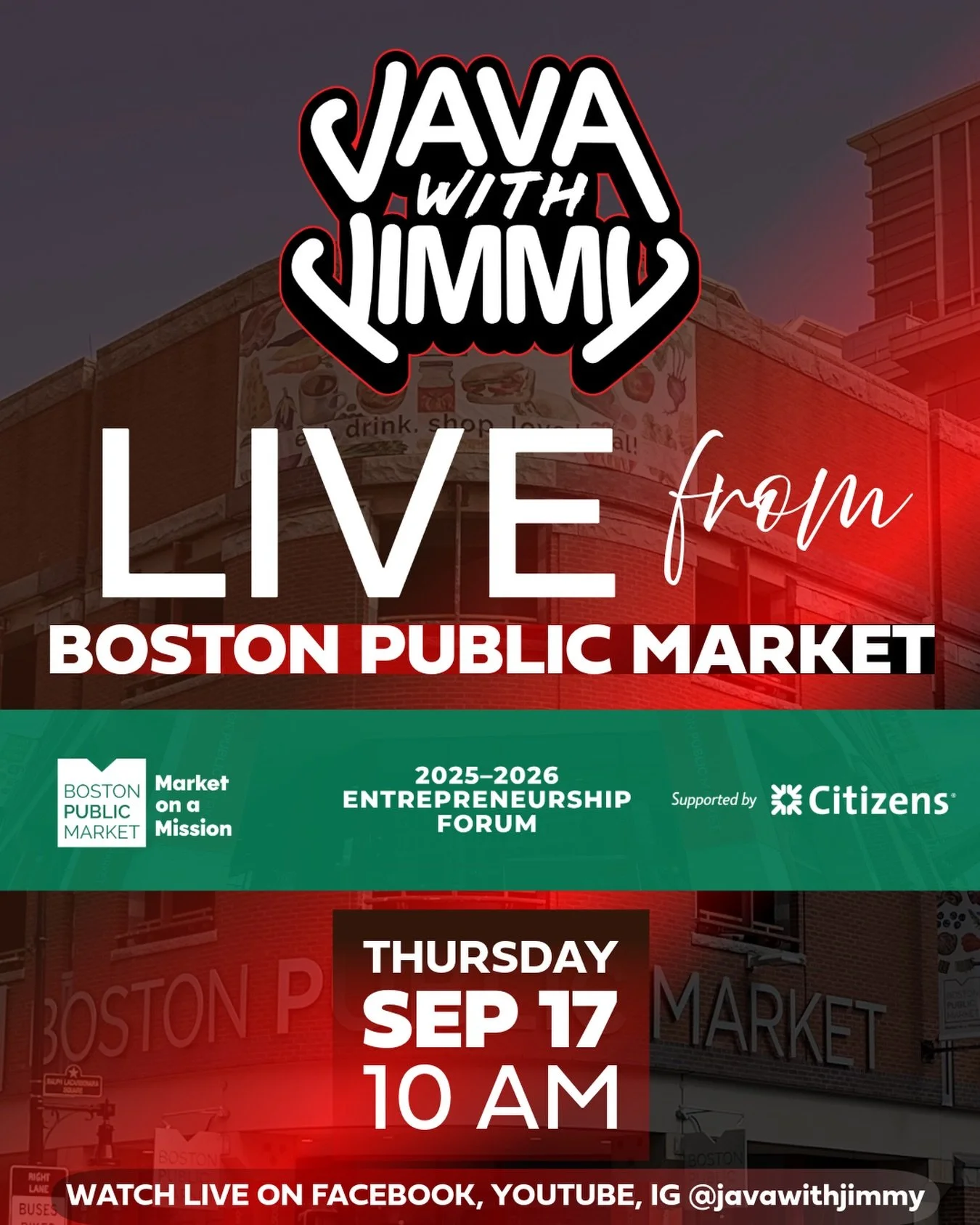 TOMORROW WE MAKE JAVA HISTORY!

We&rsquo;re broadcasting our regular morning show LIVE from @bostonpublicmarket while highlighting their entrepreneurship program supported by the @citizensbank 

Join us LIVE at 10 AM!