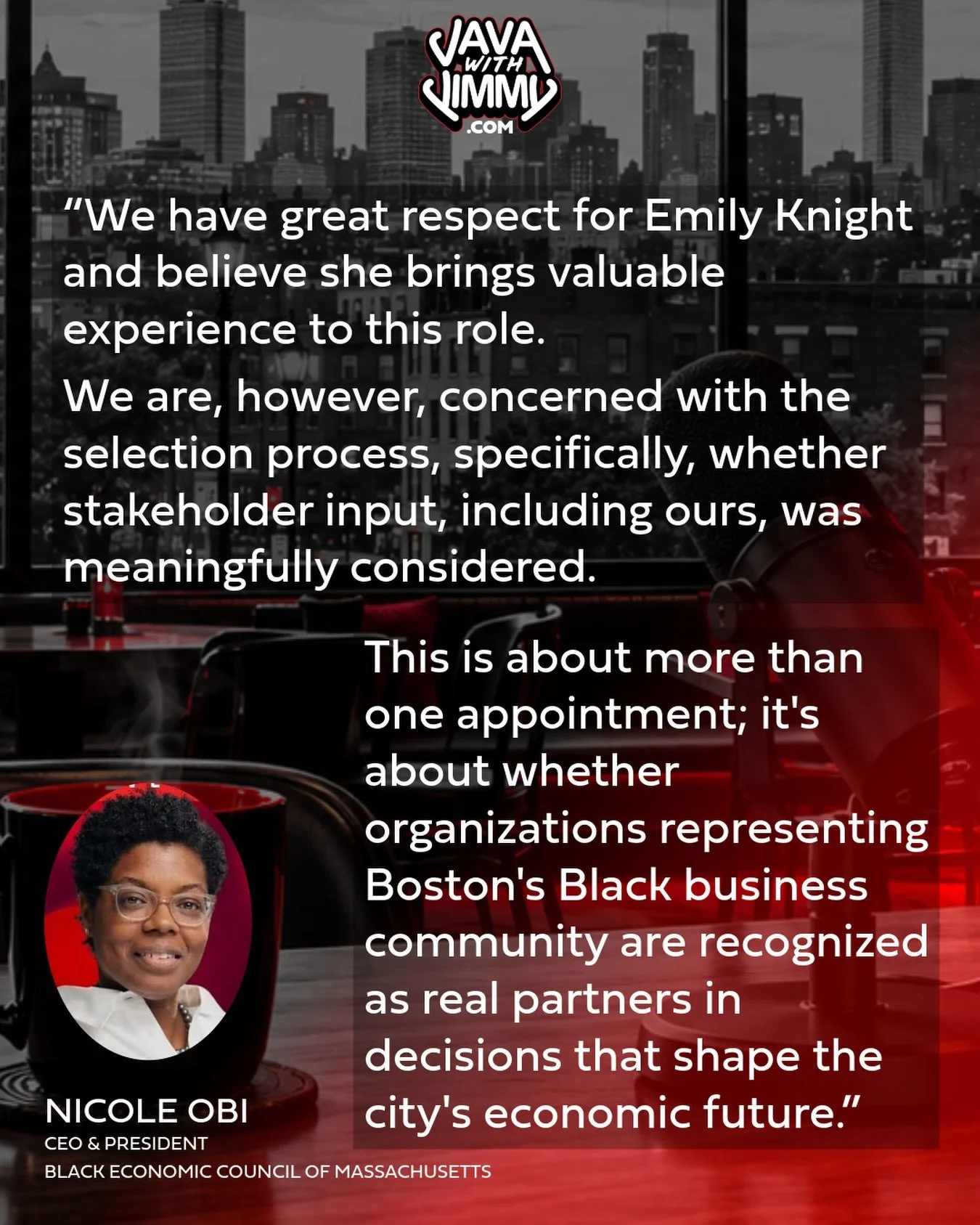 A STATEMENT FROM @obinicole NICOLE OBI, THE PRESIDENT AND CEO OF @becmainc REGARDING THE APPOINTMENT OF EMILY KNIGHT AS THE CHIEF OF ECONOMIC OPPORTUNITY AND INCLUSION. 

&ldquo;We have great respect for Emily Knight and believe she brings valuable e