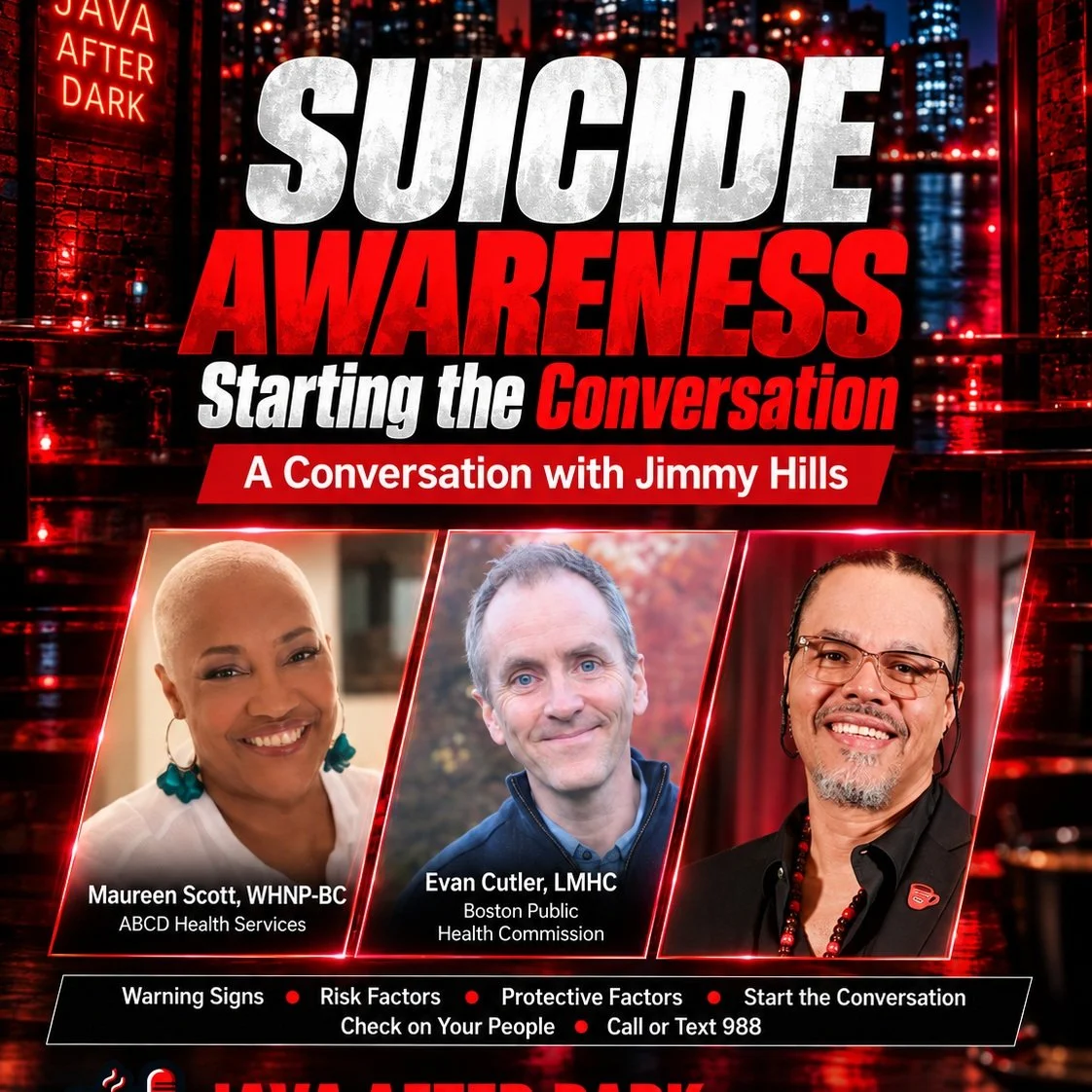 Somebody can look okay and still be hurting.

That was one of my biggest takeaways from our Java After Dark conversation on suicide awareness with @abcdboston 

Pay attention to change. Someone may pull away, lose hope, stop doing things they love, o