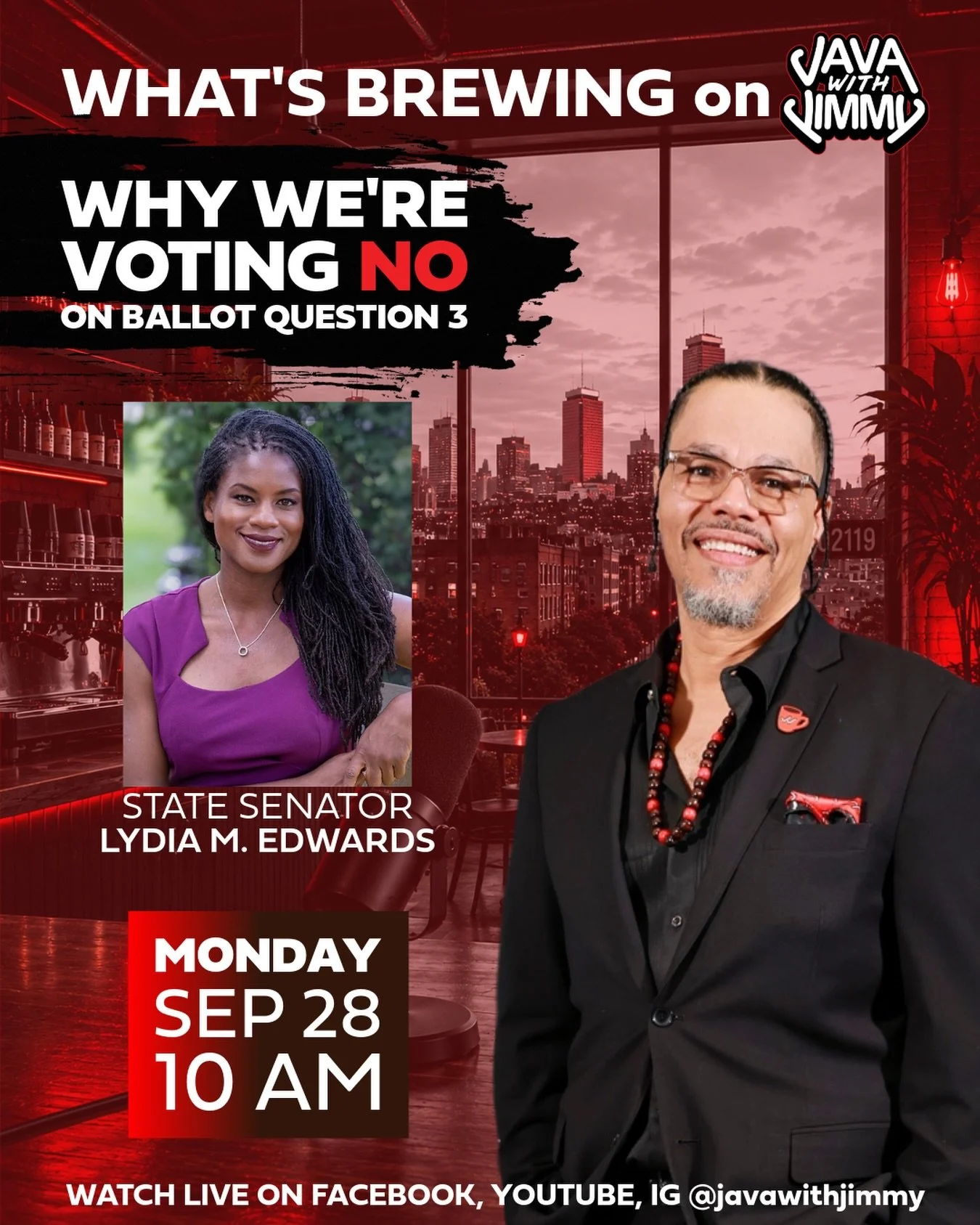 VOTE NO ON QUESTION 3 ‼️‼️‼️

WHY❓❓❓

JOIN @statesenatorlydiaedwards AND I THIS MORNING AT 10 AM TO FIND OUT WHY WE&rsquo;RE NO ON QUESTION 3.

#bospoli #mapoli
