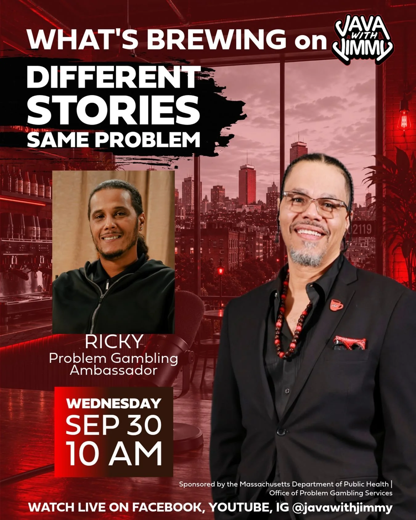 This Wednesday, grab your morning Java, and join us for a conversation with Ricky @rcopeland1023 Problem Gambling Ambassador.

Ricky grew up around people with addictions and has worked in recovery centers, which has contributed to his deep understan