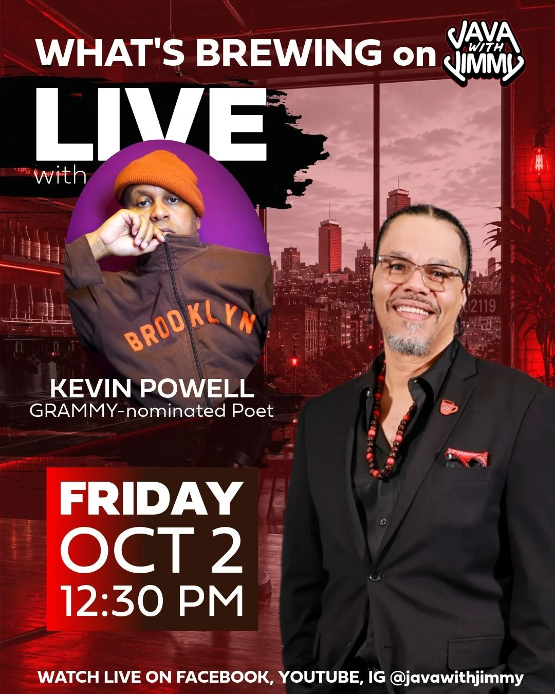 We&rsquo;re serving a special cup of #middayJava on Friday afternoon.

I&rsquo;m sitting down with GRAMMY-nominated poet @poetkevinpowell who is in Boston to celebrate and promote his 17th book, A Poem for Evangeline and Other Songs.

We&rsquo;re tal
