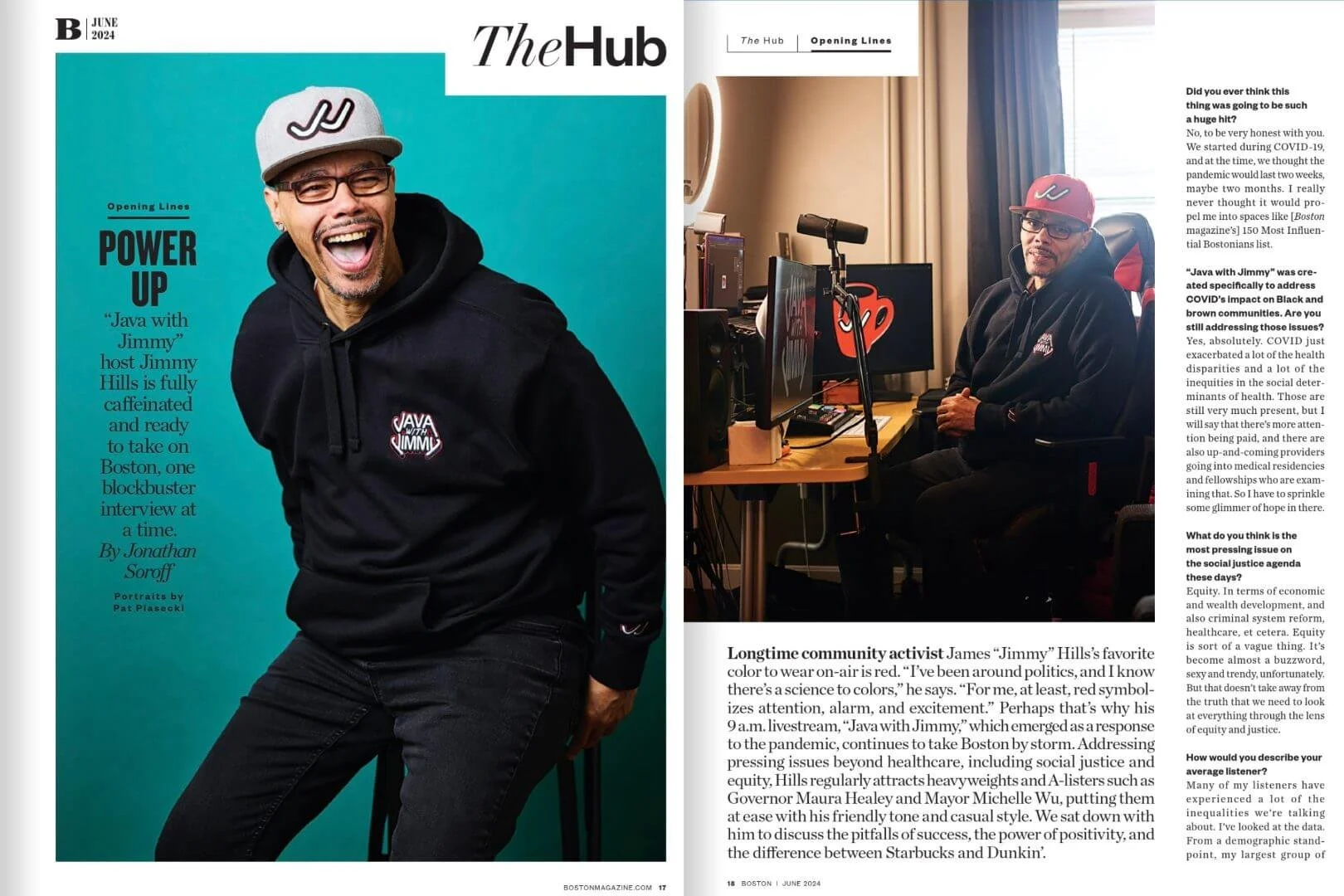 Photograph of James "Jimmy" Hills wearing a hoodie and cap, smiling, in a studio with a teal background on the left page. On the right, he is sitting at a desk in a room with beige walls, computer monitors, and a window with curtains.