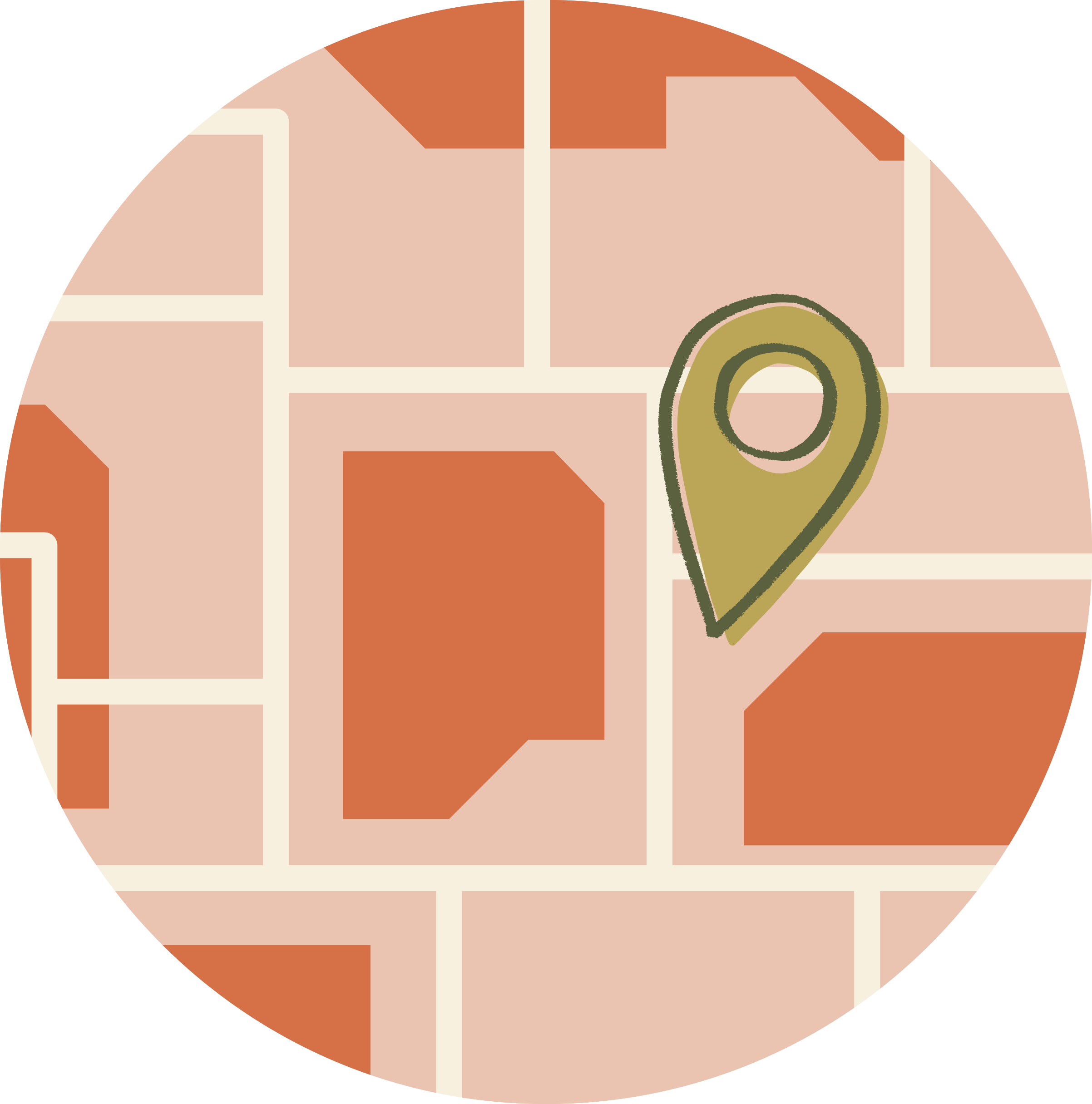 Abstract geometric design with shades of pink, orange, beige, and green, featuring various shapes and patterns.