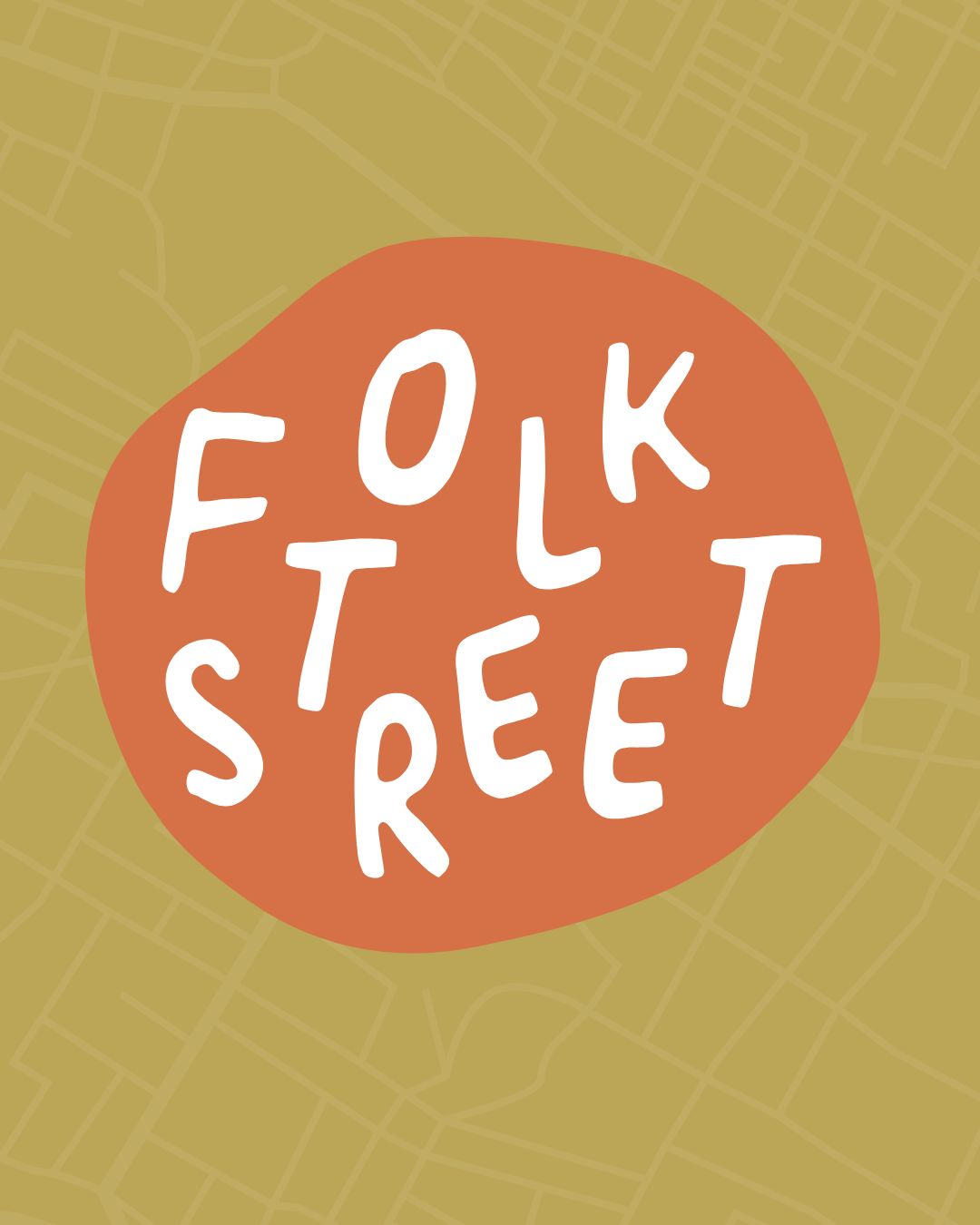 Map background with a circular orange area containing the words 'FOLK STORY' in white hand-drawn letters.