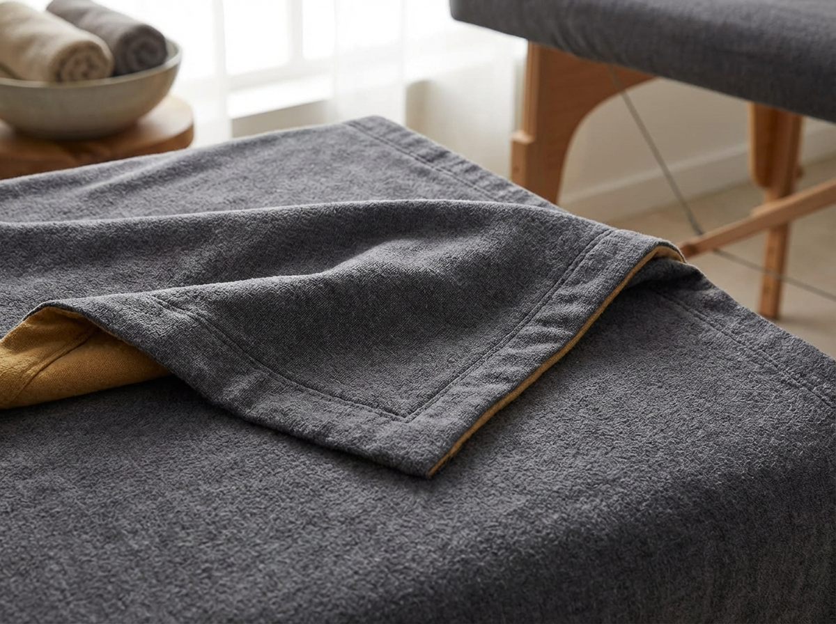 A close-up of a dark gray towel folded on a massage table with a beige towel visible underneath. In the background, rolled towels are in a bowl, and part of a gray upholstered massage chair with wooden legs is visible.