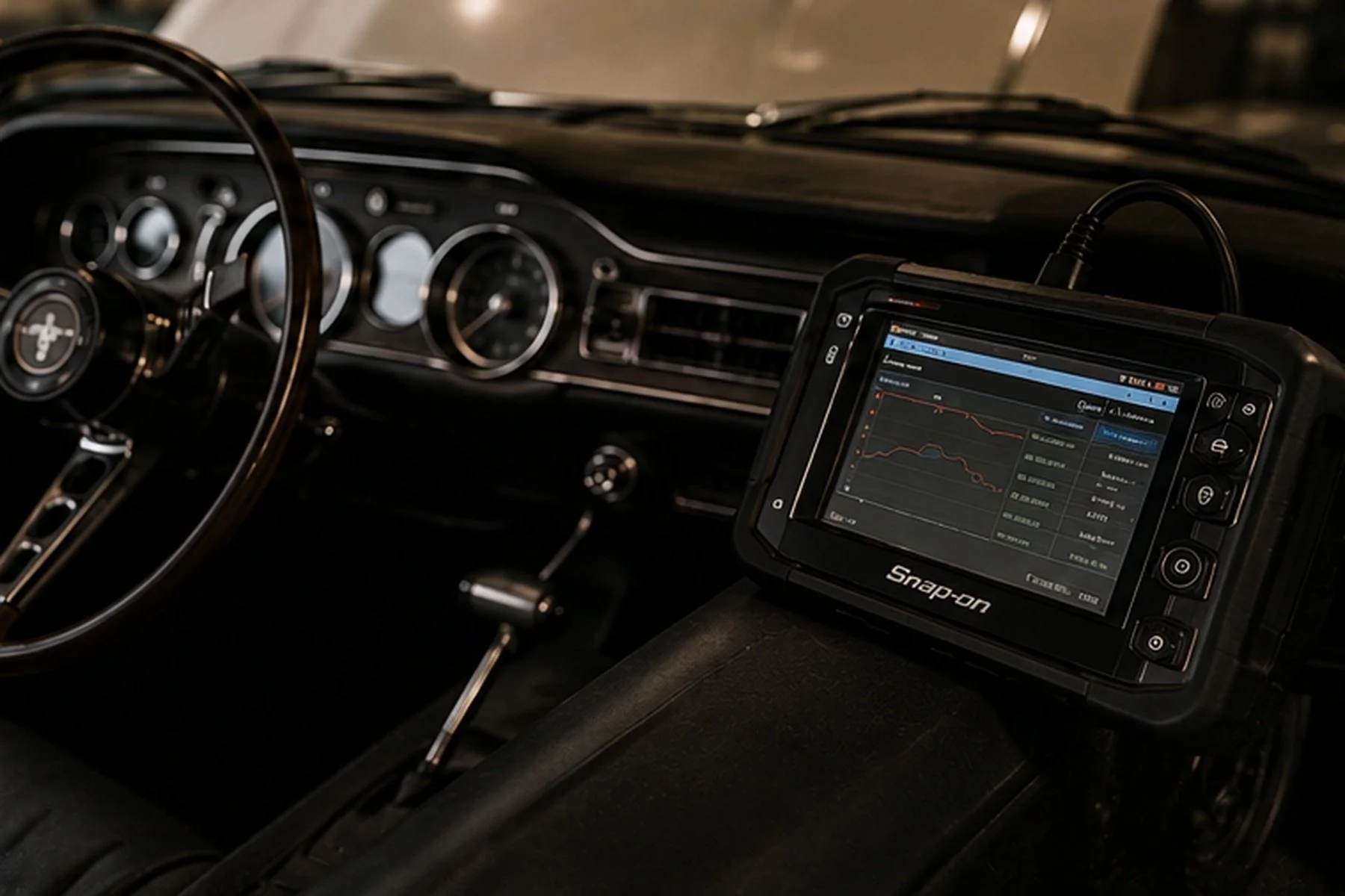 Inside a car with a dashboard and steering wheel, featuring a diagnostic tablet connected to the vehicle with a screen showing graphs and data.