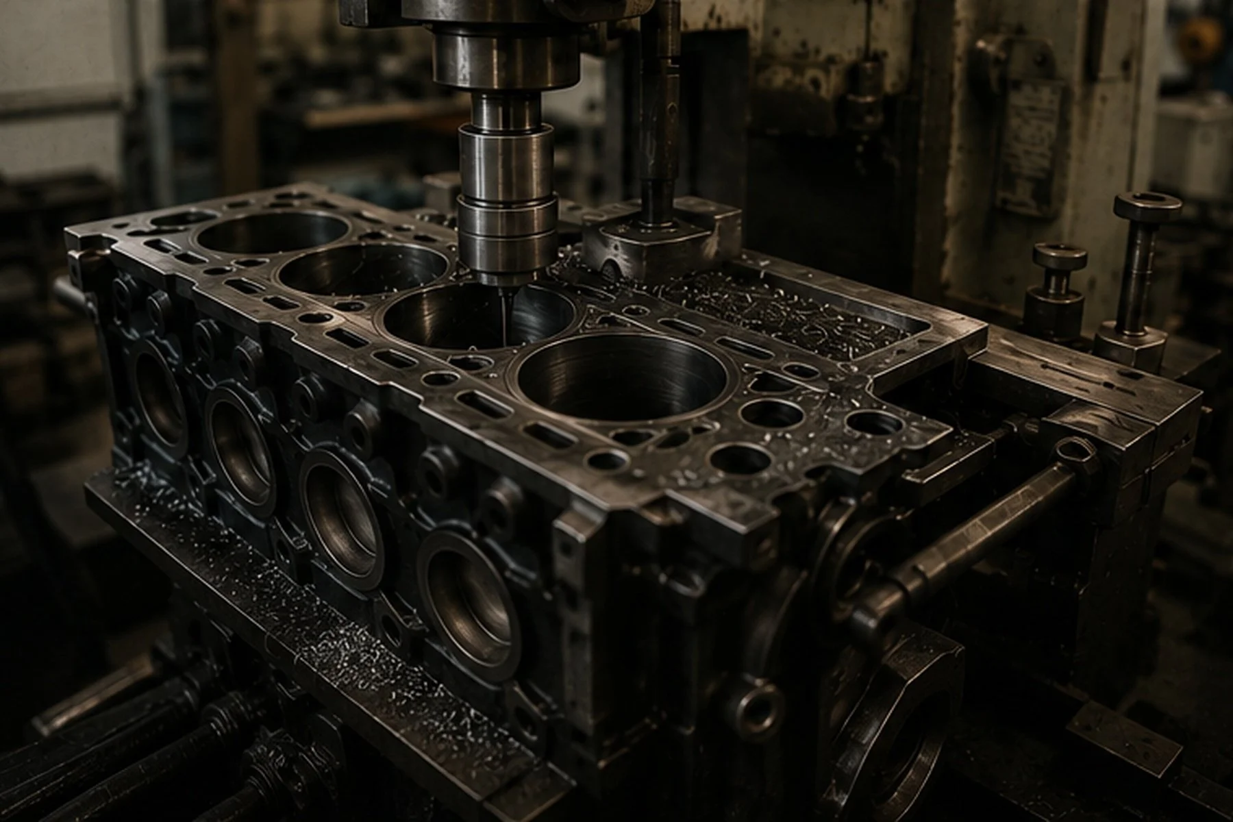 A metal engine block being machined on a manufacturing tool with drill presses and machinery around.