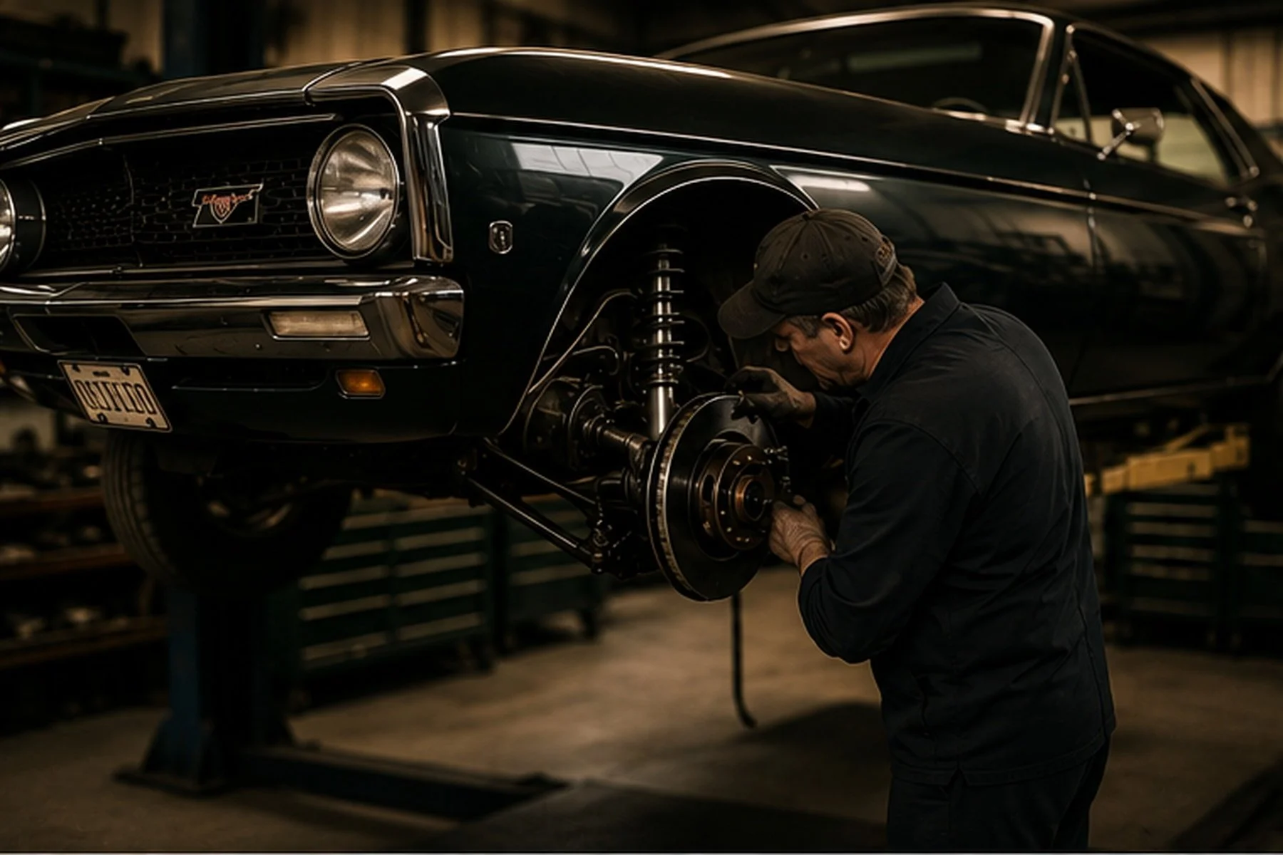 A mechanic working on a classic black car elevated on a lift in a garage, inspecting the brake system, wearing gloves and a cap.