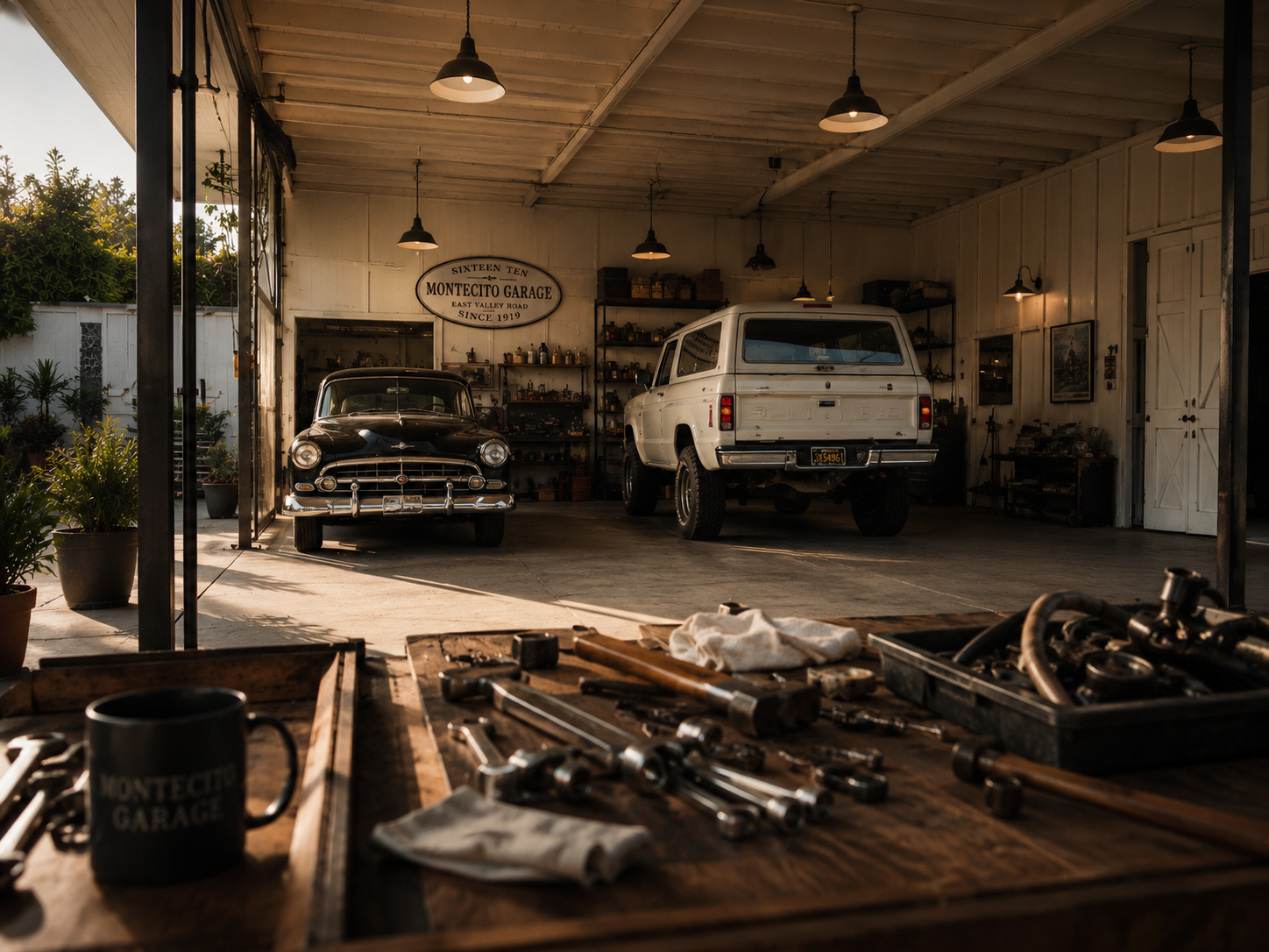 Inside a vintage car garage with two classic vehicles, tools, and supplies, illuminated by hanging lights and natural sunlight.