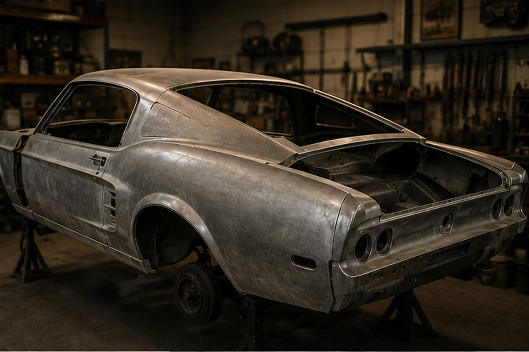 A vintage car in the process of restoration, made of unlabeled metal, in a workshop with shelves containing tools and parts in the background.