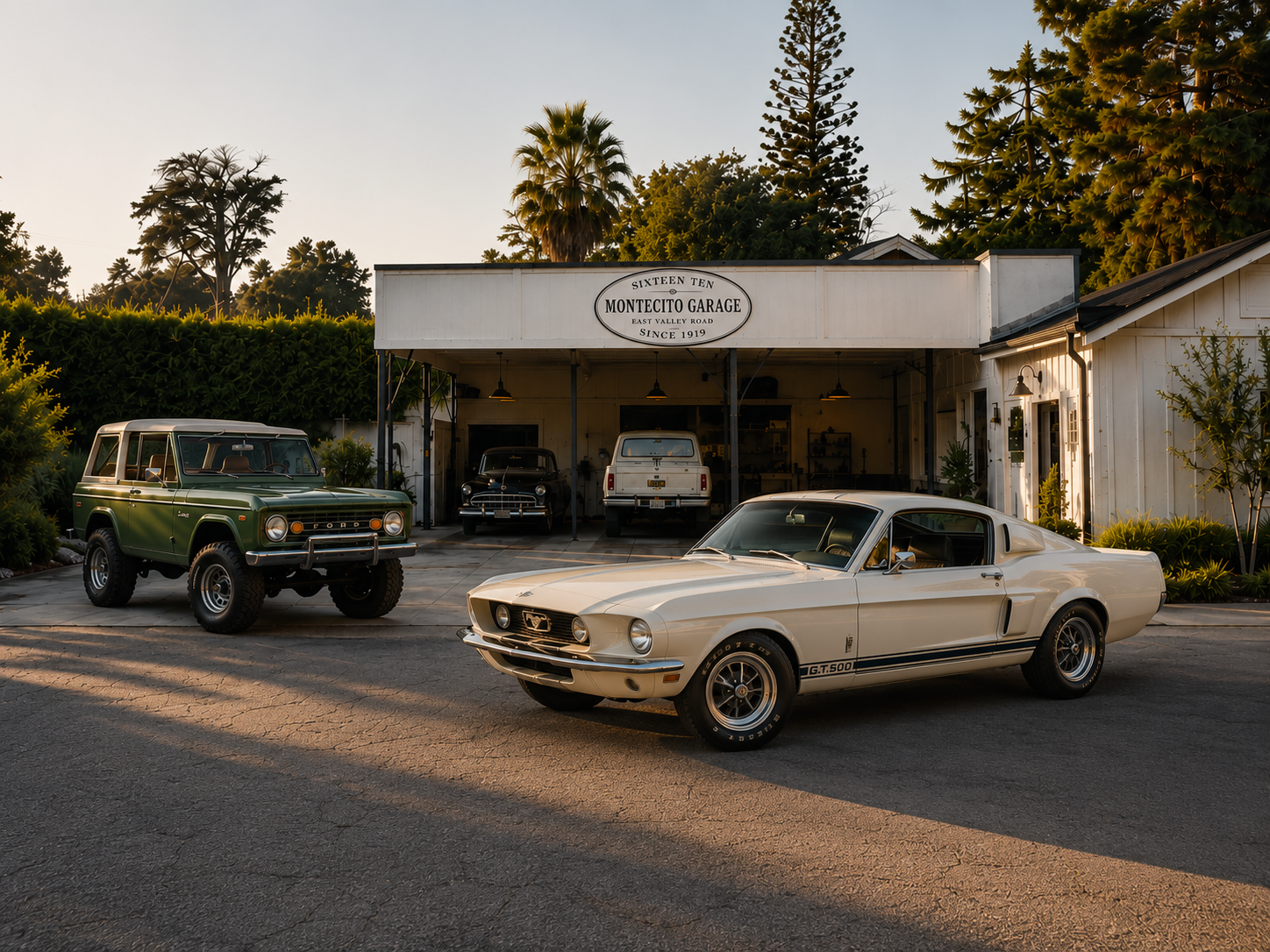 A vintage car dealership with a white classic Ford Mustang G.T.500 parked outside, a green off-road vehicle, and another classic car inside a garage labeled 'Montecito Garage, East Valley Road, Since 1919.' a white pickup truck is also visible inside the garage.