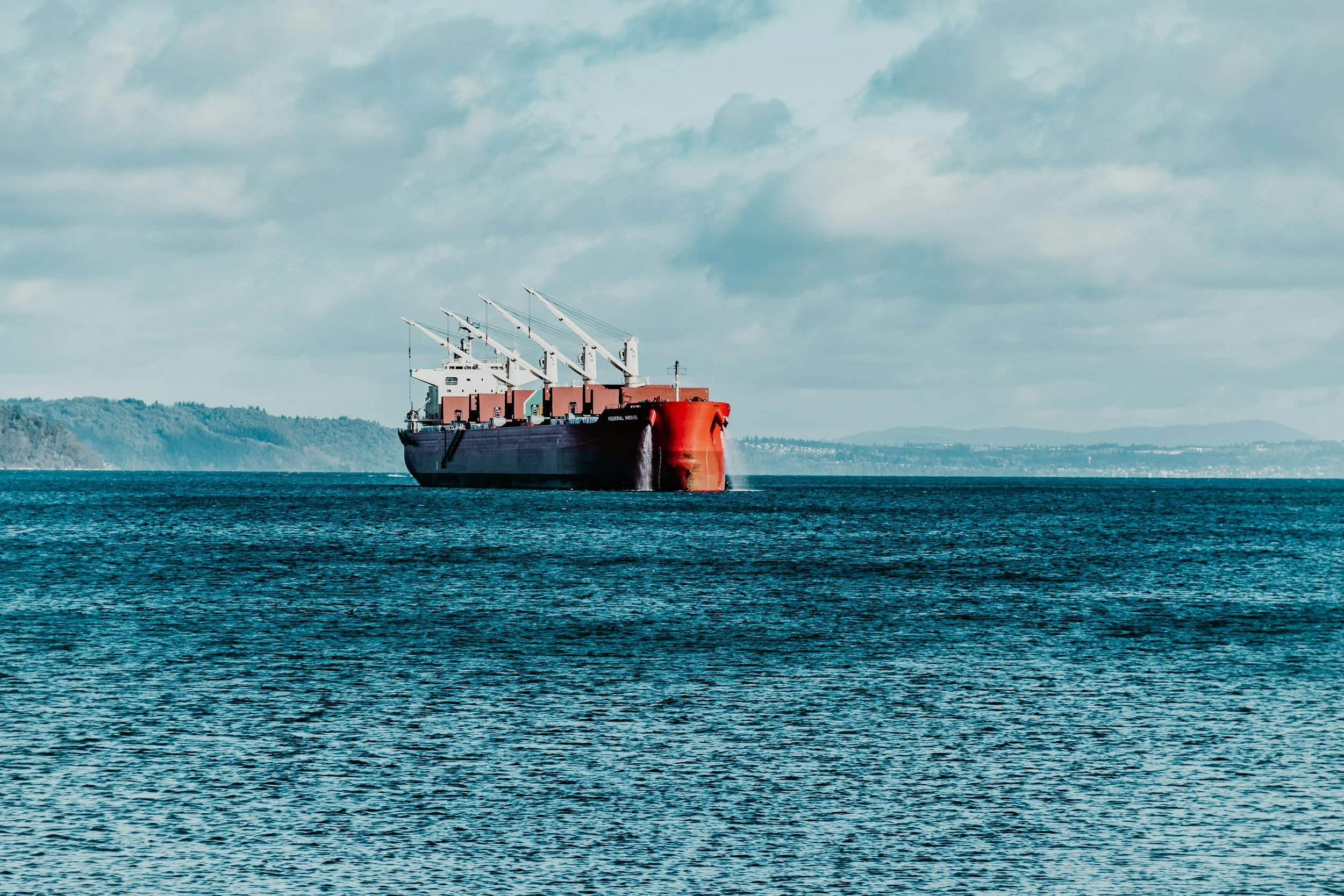 Bulk cargo ship with loading cranes at sea