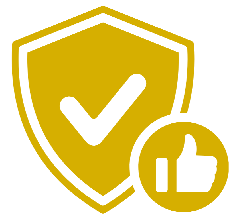 Yellow shield with checkmark and thumbs up icon