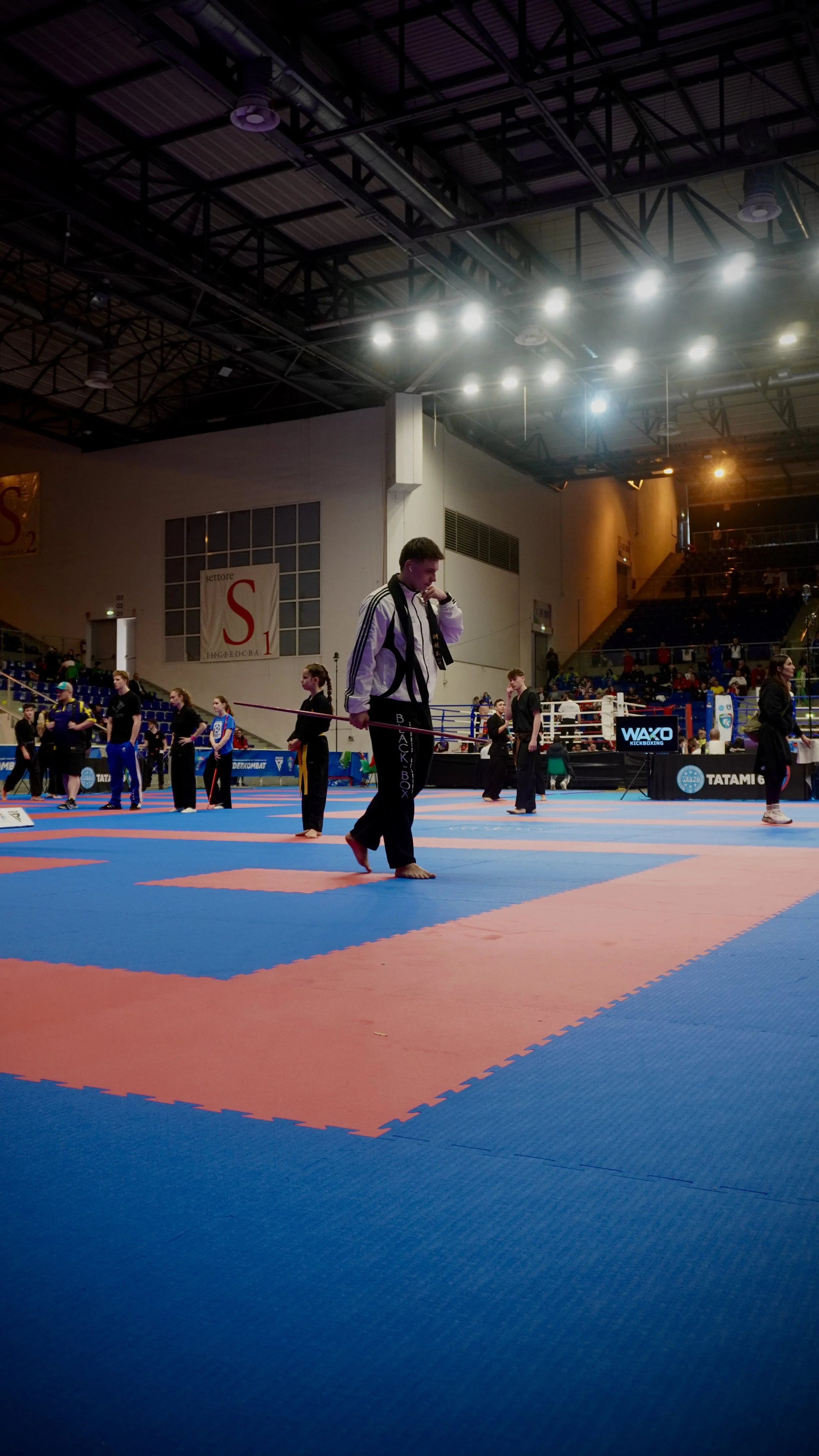 Bilder von einem Taekwondo-Kampf in einem Sporthalle mit mehreren Kampfsportlern auf dem Matten. Es sind Zuschauer im Hintergrund und Banner an den Wänden.