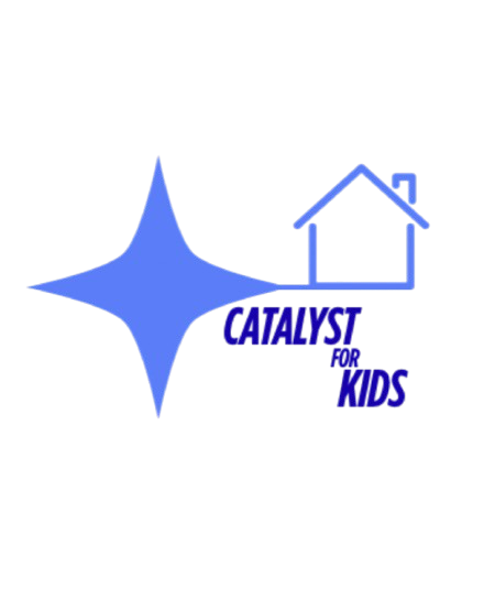 Blue star shape next to a simple blue house outline with the words "Catalyst for Kids" below in blue text.