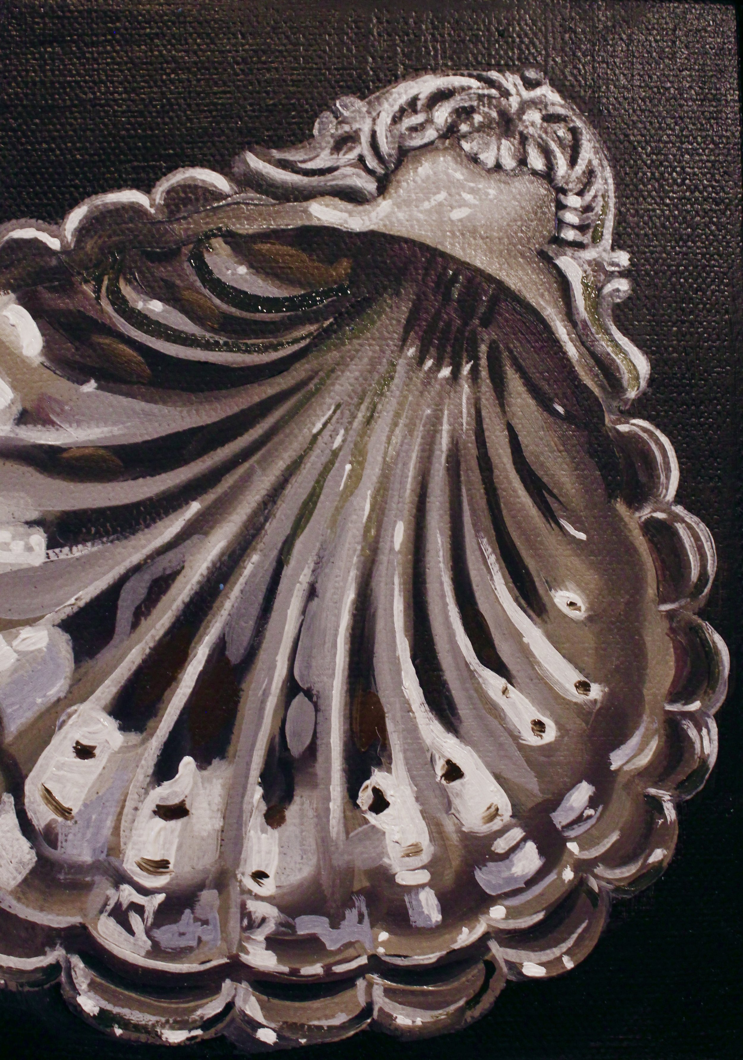 Painting of a human face in a stylized, abstract manner with swirling lines and bold brushstrokes, predominantly in shades of brown, black, and white.