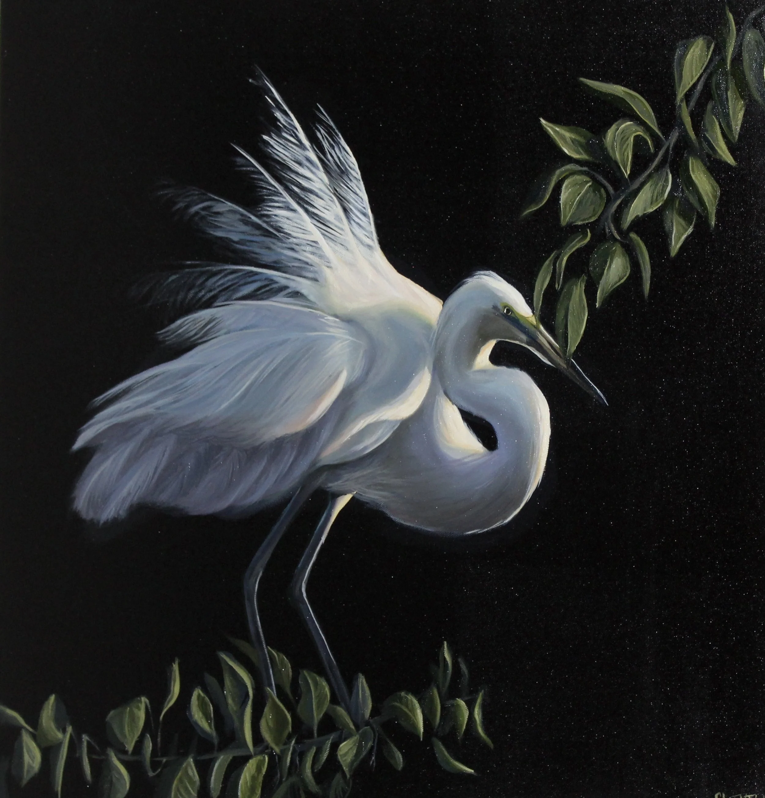 A painting of a white bird with long tail feathers, standing amongst green leaves with a dark starry sky background.
