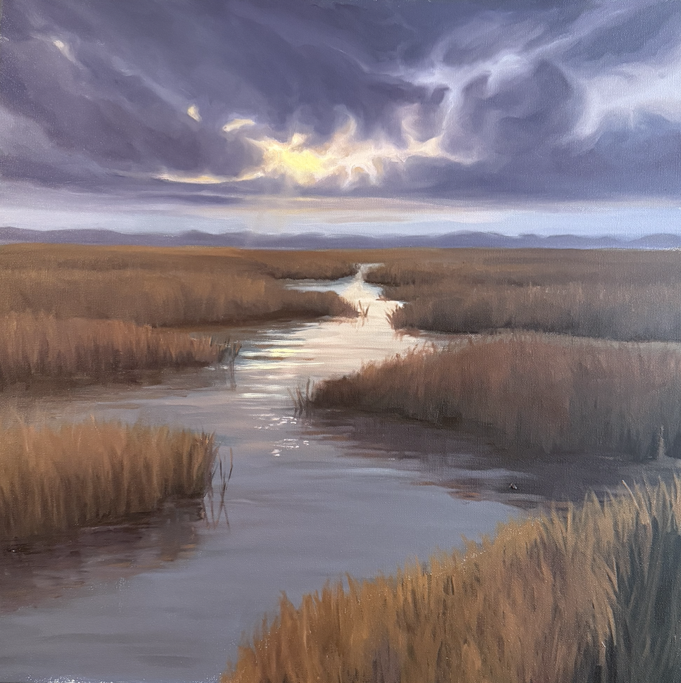A painted landscape of a marshland with a narrow waterway stretching into the distance under a cloudy sky with rays of sunlight breaking through.