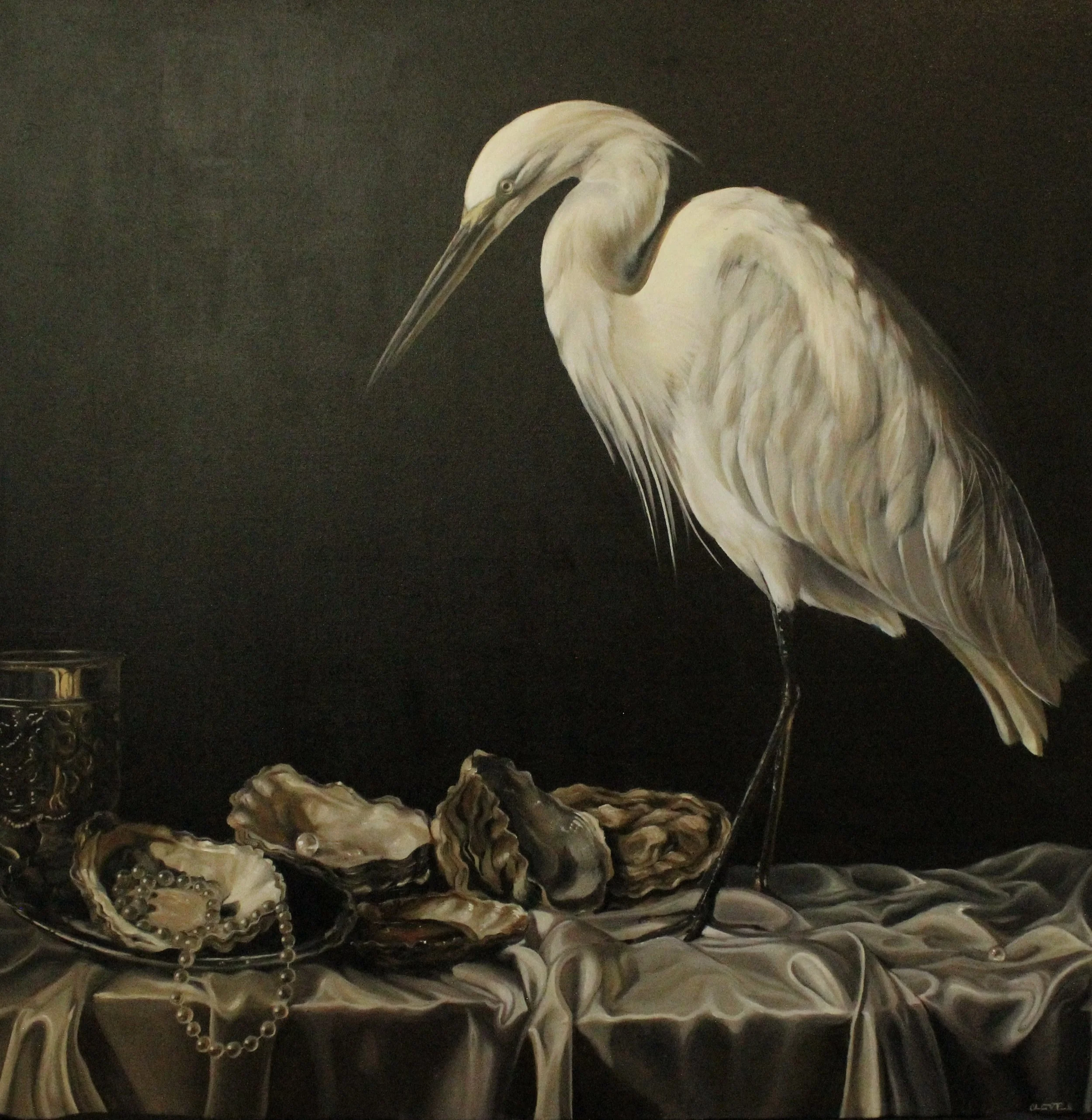Painting of two white herons, one with a long beak leaning toward the other, set against a dark background, with a pearl necklace at the bottom.