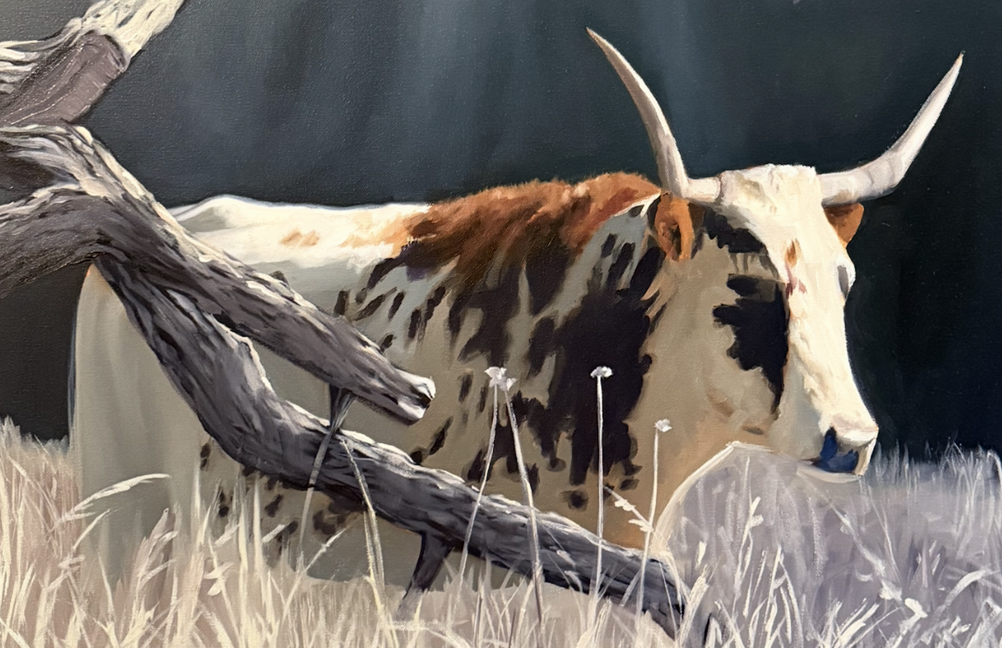Painting of a longhorn steer with white and brown fur, lying in tall grass, with a dark background and a branch in the foreground.