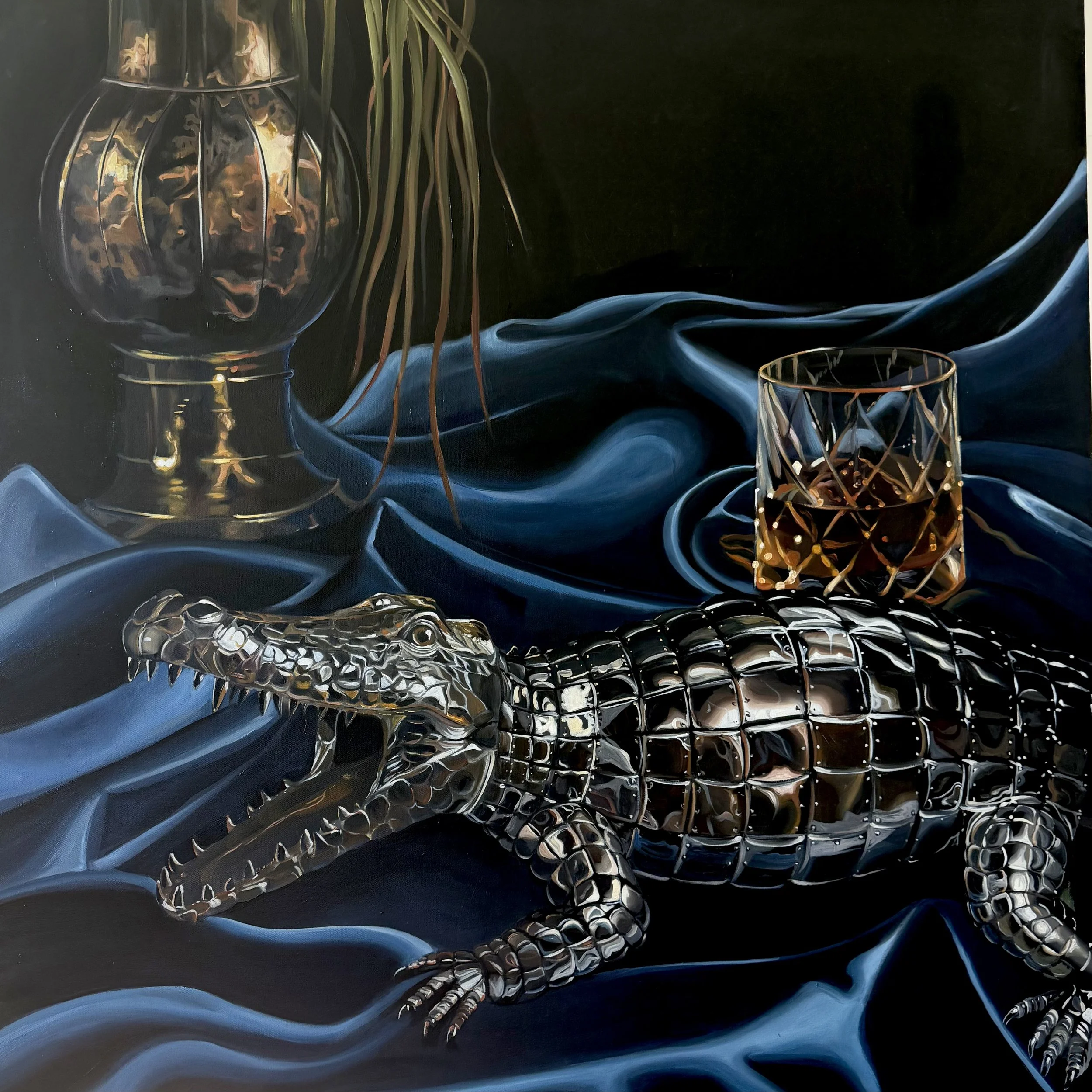 A still life painting featuring a glass bowl of coffee beans, a geometric glass filled with coffee beans, a dark background, and flowing blue fabric.