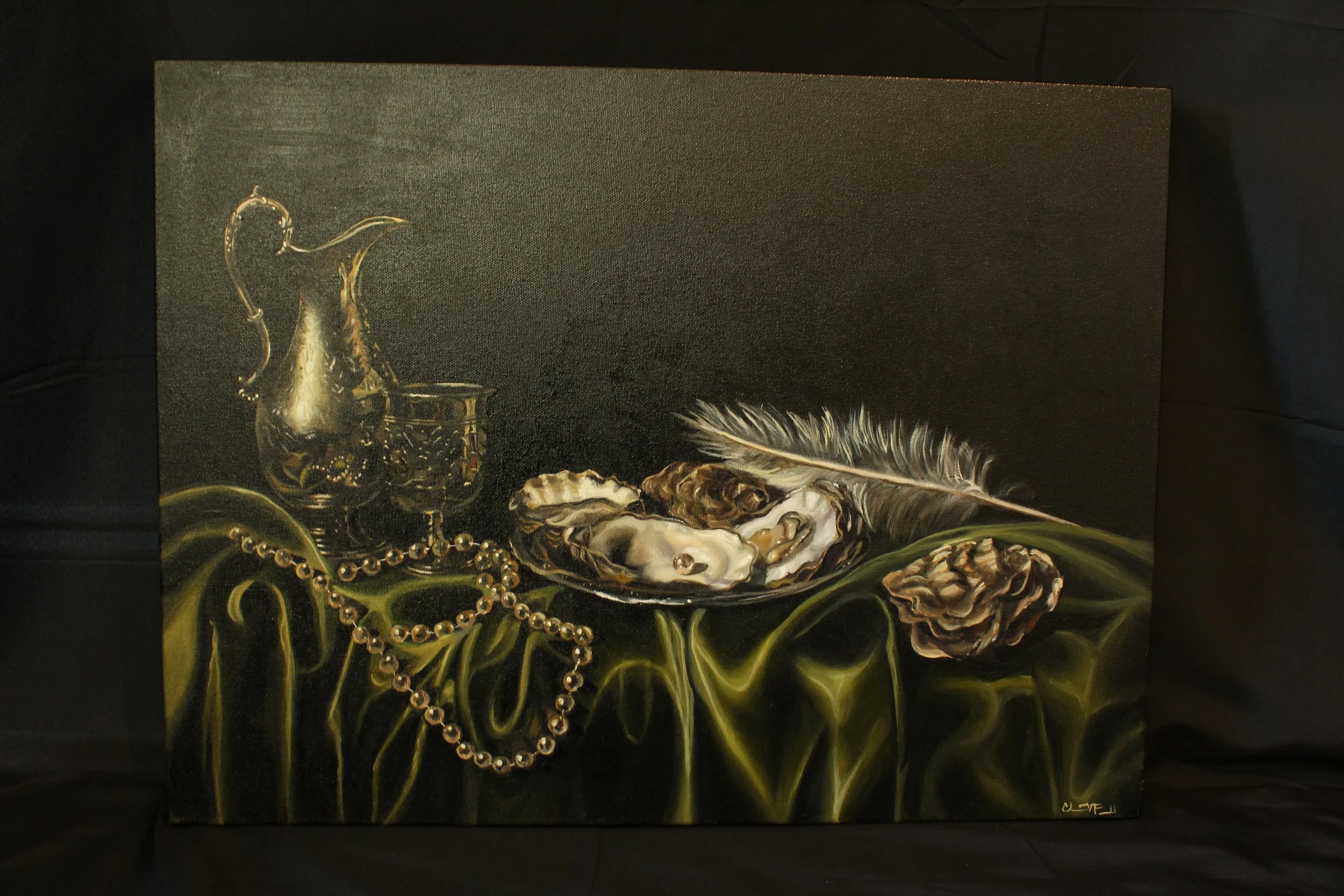 A still life painting with a dark background featuring a silver pitcher, shells, pearls, and a feather, with hints of green vines at the bottom.