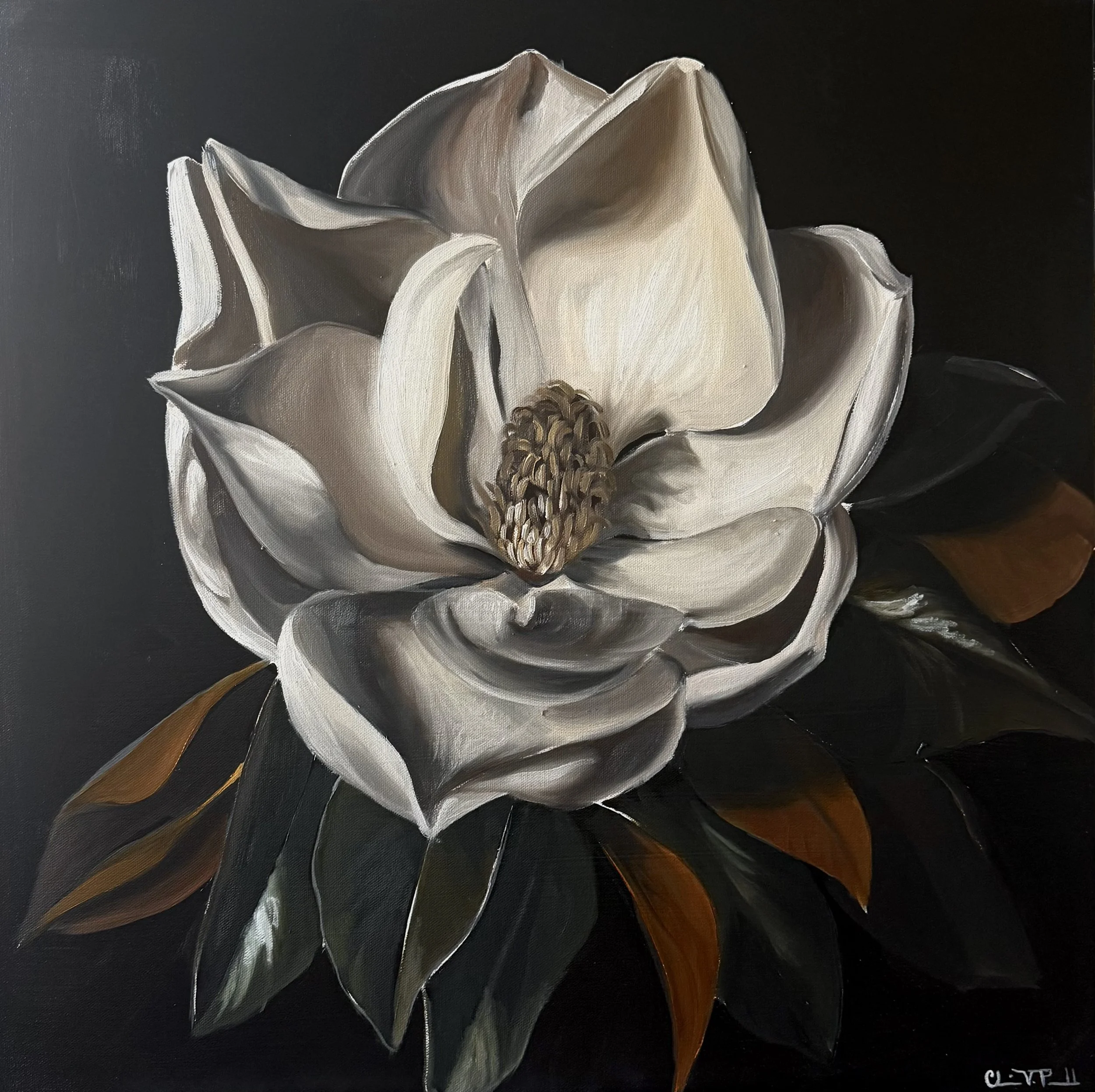 A monochrome painting of a white flower with brown and beige accents on a dark background.