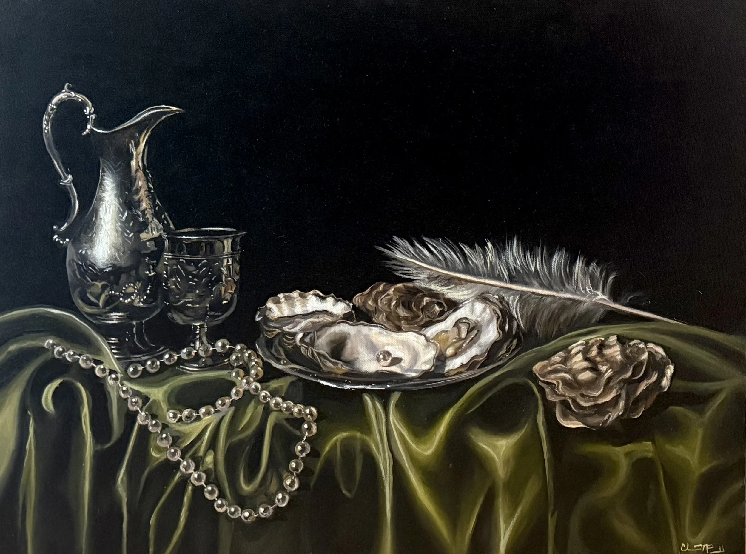 A still life painting featuring a silver pitcher, a matching cup, a string of pearls, seashells, a feather, and carved stones on a dark background with green swirling accents.