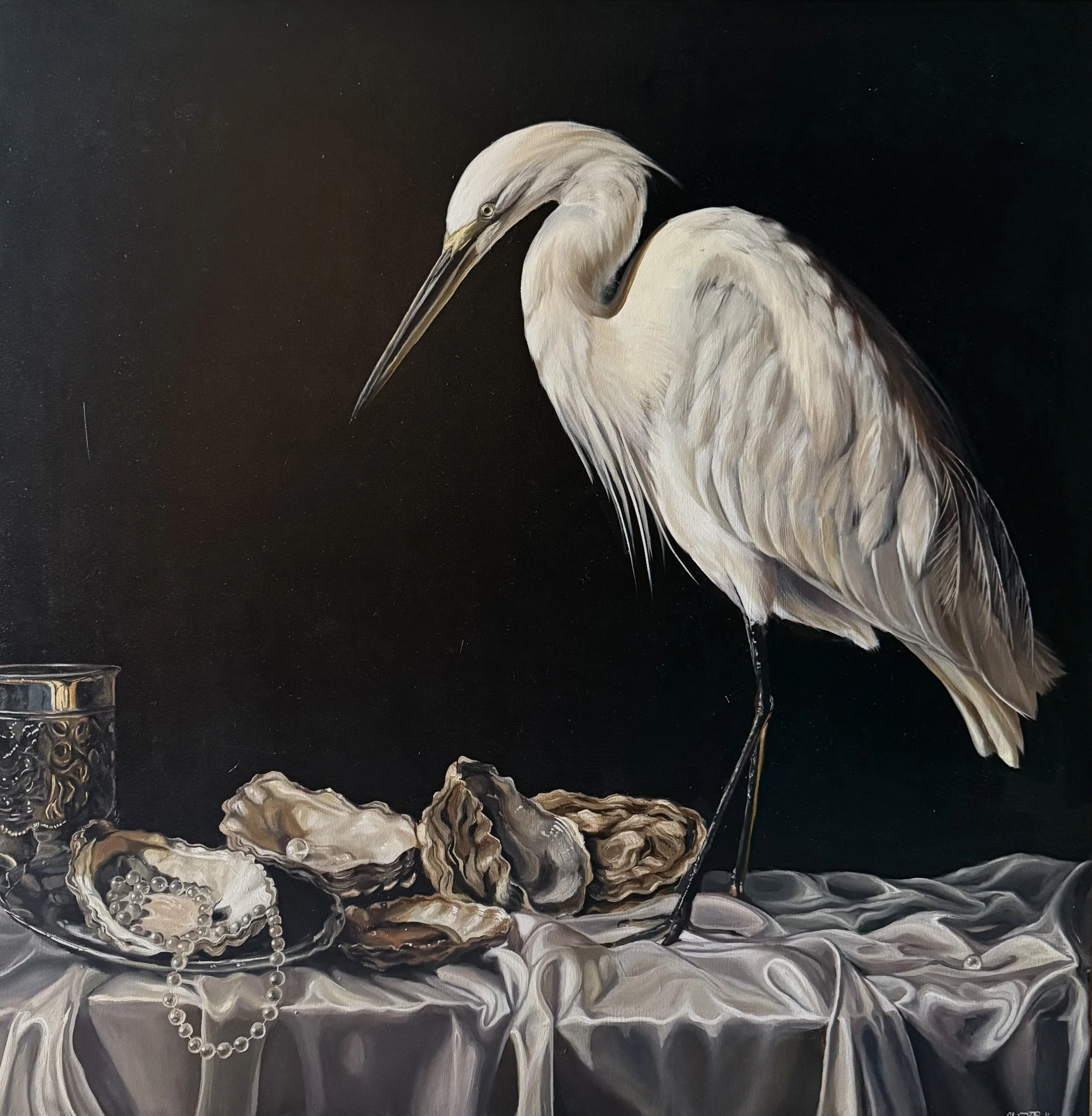 A painting of a white heron with a pearl necklace on a dark background.