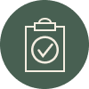 Clipboard with a checkmark inside a circle.