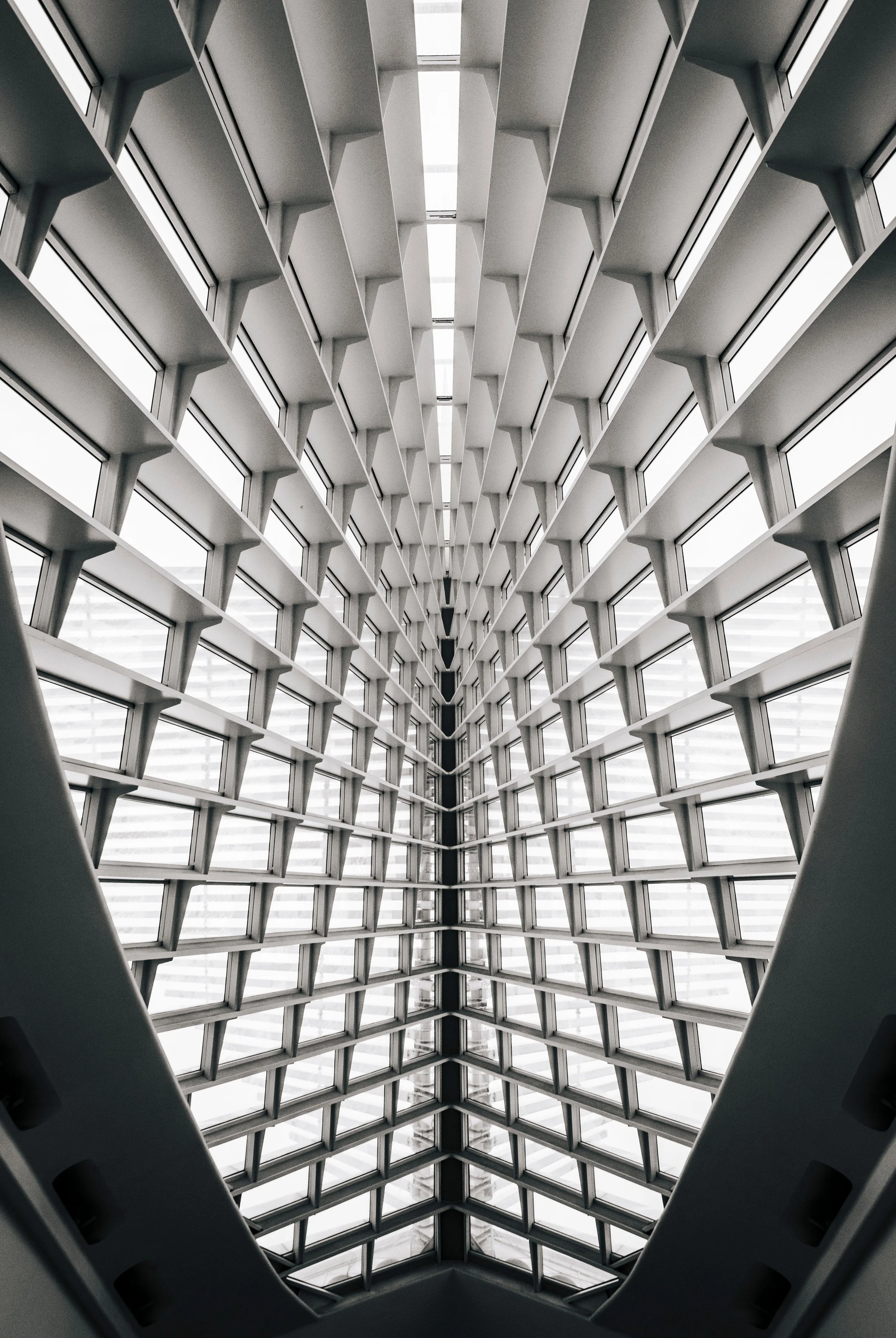View from inside a modern building with a high, curved ceiling composed of numerous grid-like panels with large windows.