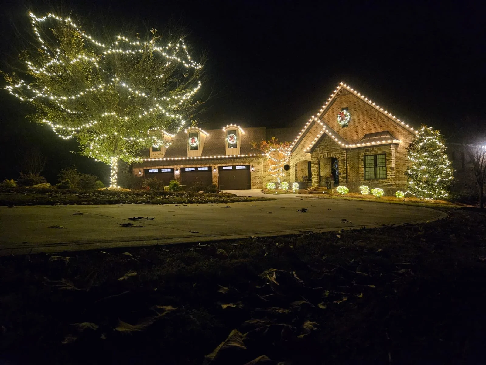 A house decorated with Christmas lights, including a large lit tree in the front yard and a wreath on the house, at night.