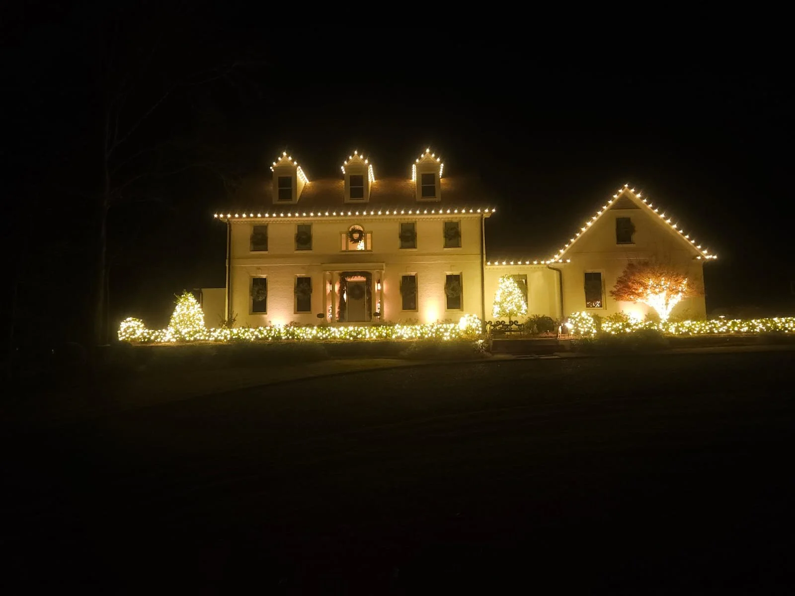 A large house decorated with Christmas lights, including lights outlining the roof and windows, with a well-lit tree and bushes in the front yard at night.