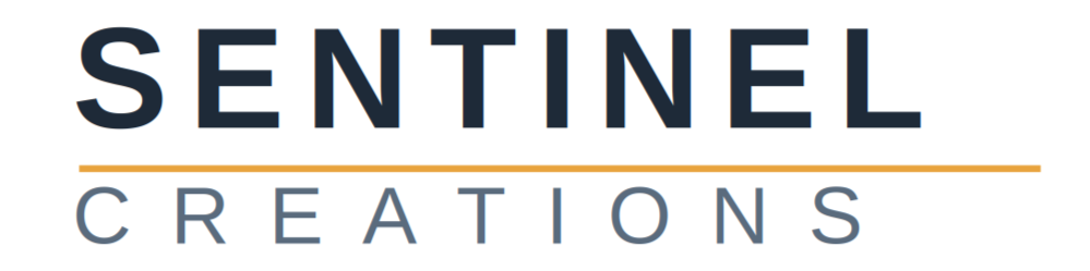 Sentinel Creations logo with bold black text, an orange line, and smaller gray text