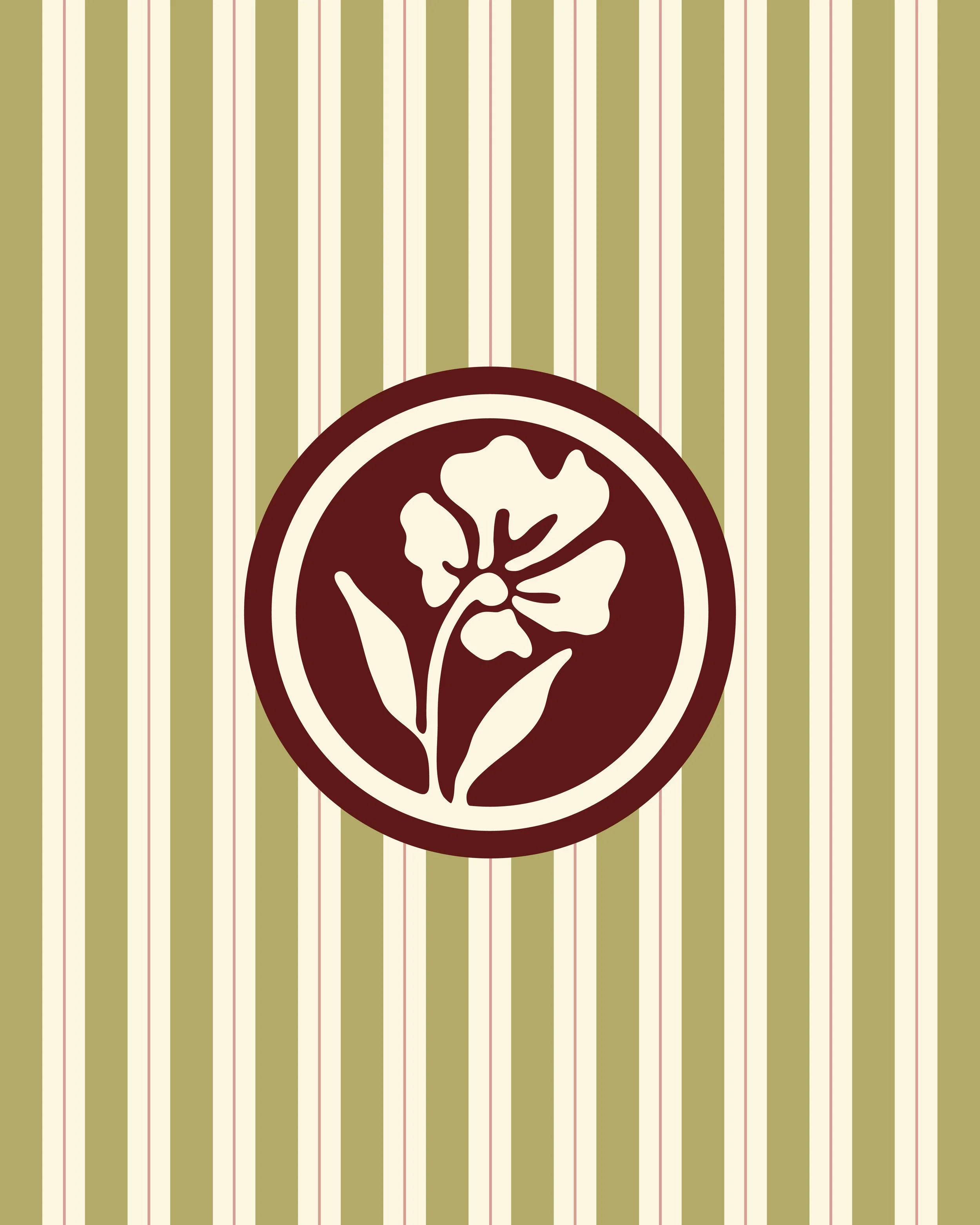 Close-up of a circular logo featuring a stylized white flower with five petals inside a dark red circle, atop a green striped background.