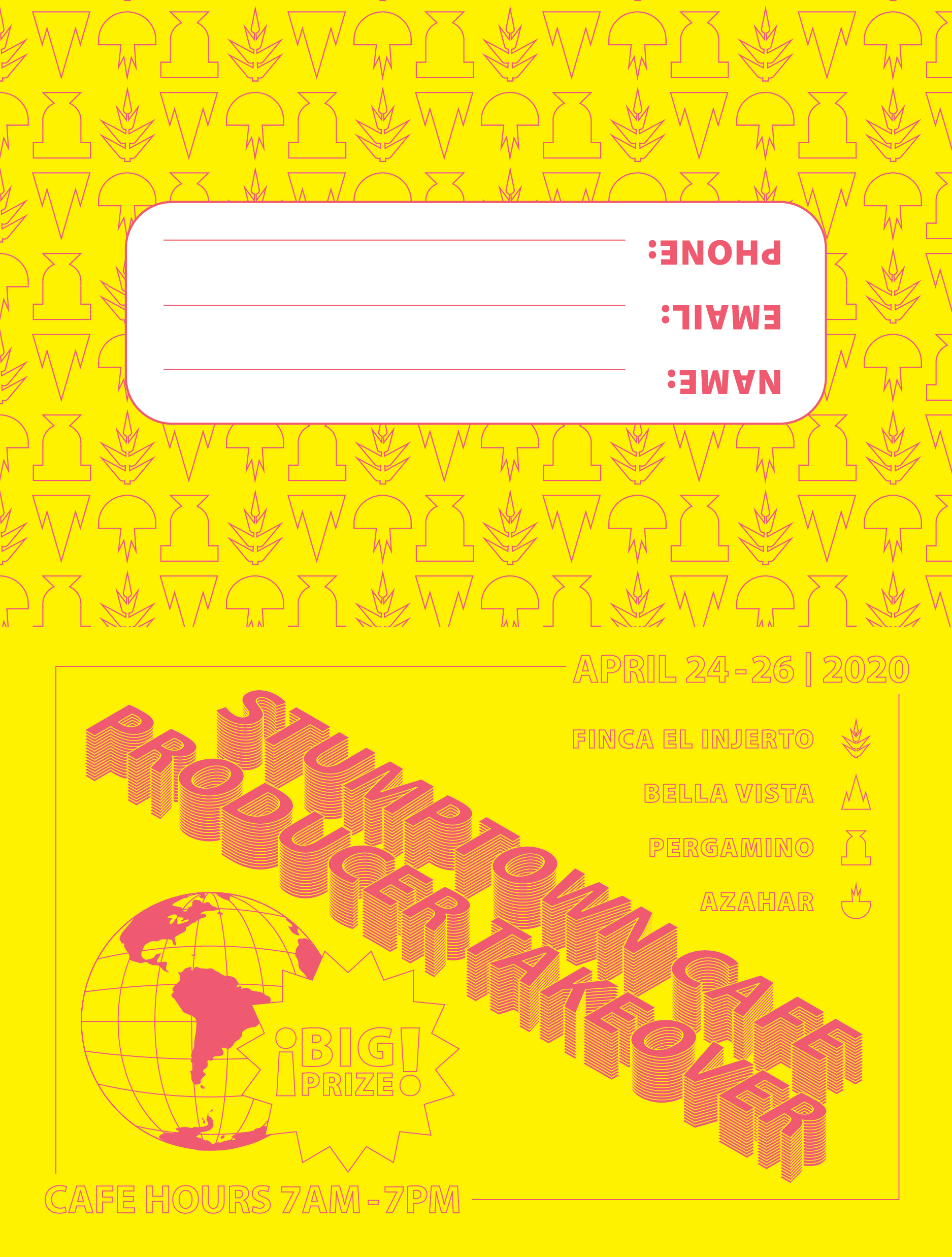 Bright yellow promotional poster for a recreational event, featuring a pink outline of a globe with South America in focus, floral and geometric patterns, dates April 24-26, 2020, and information about the event location and schedule in pink text.