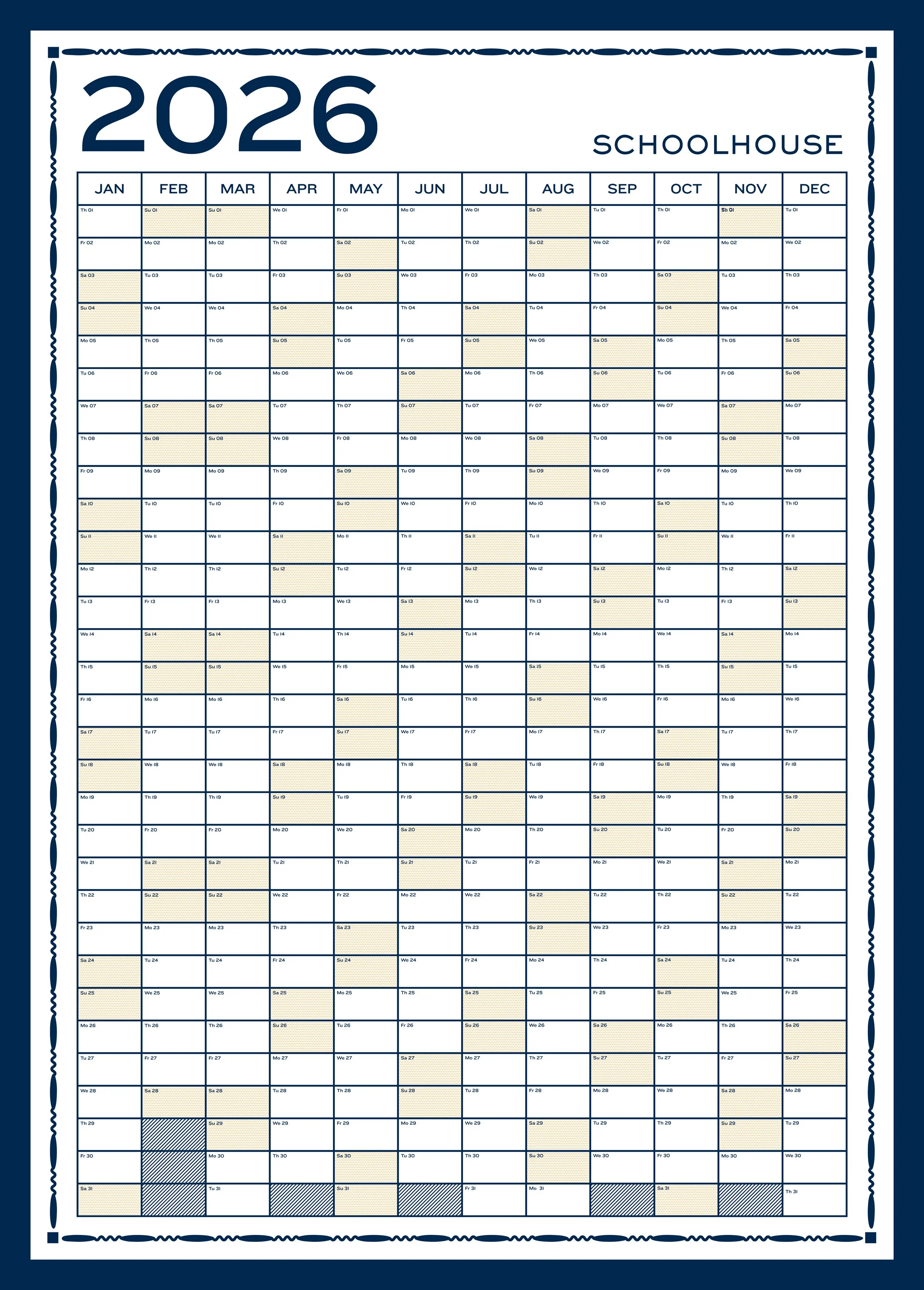 2026 schoolhouse calendar for the year with months listed from January to December, each with daily boxes and some highlighted dates.