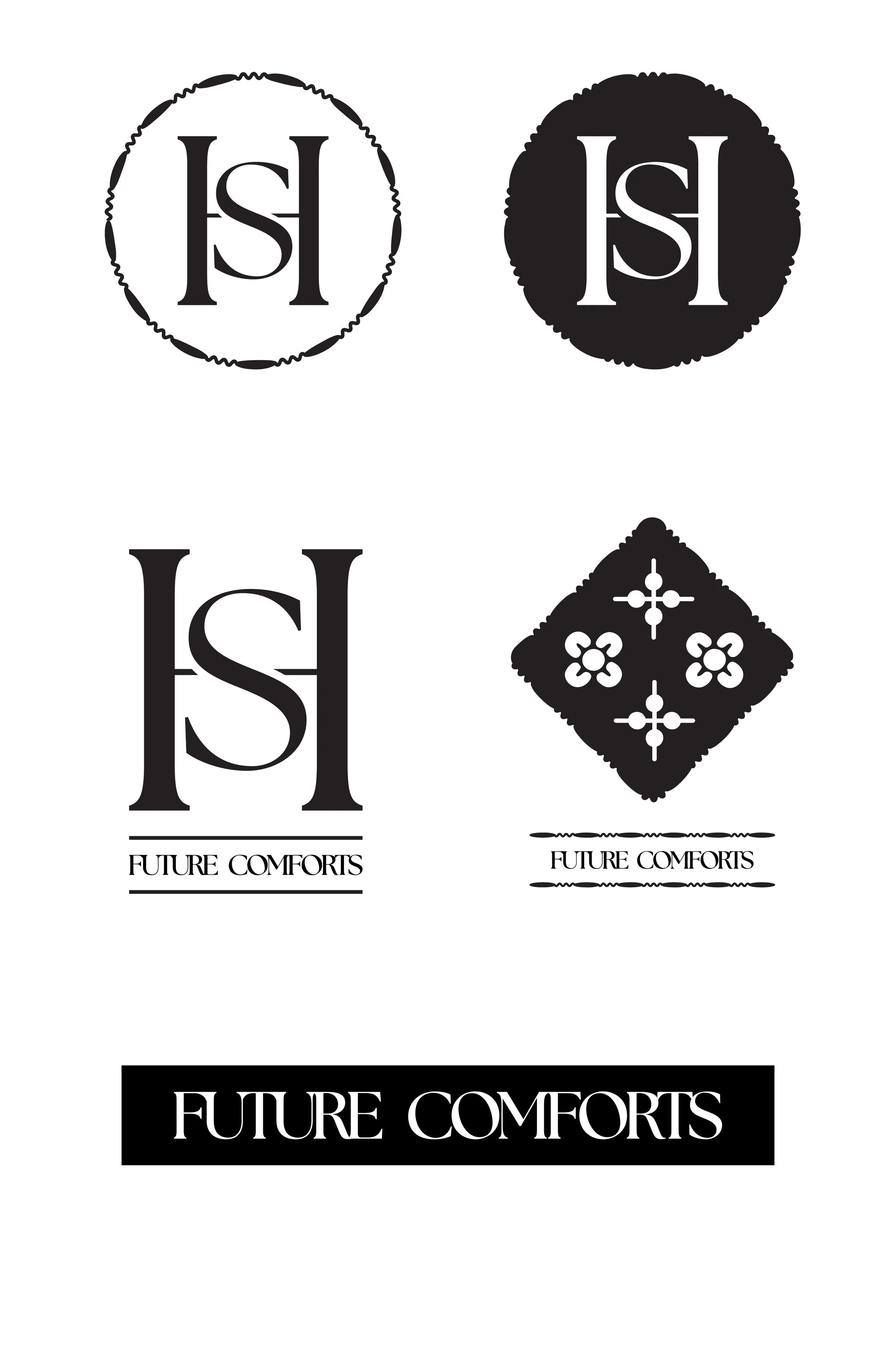 Four black and white logo designs featuring the letter 'H' in various geometric styles, with the phrase 'Future Comforts' included in some designs.