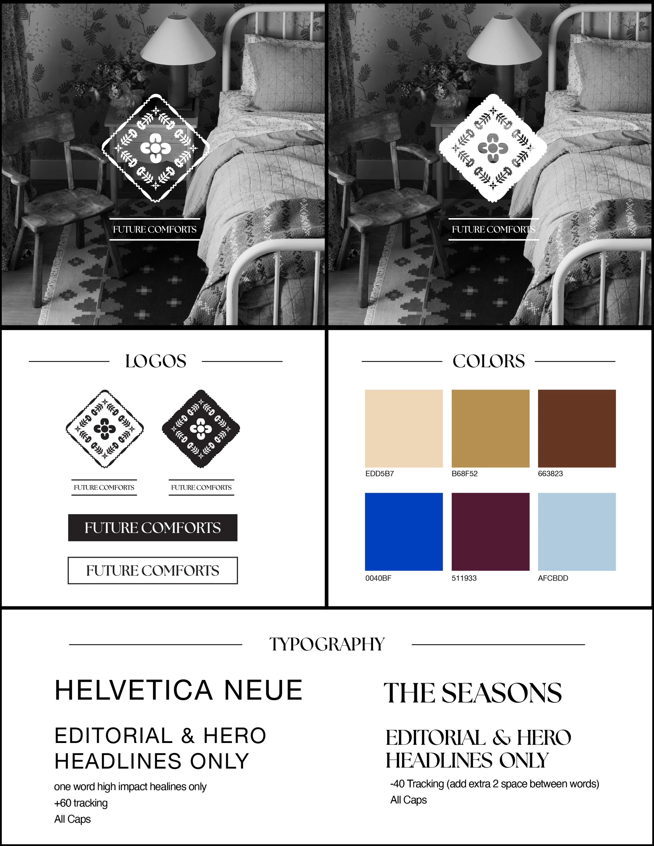 Black and white image of a bedroom with a bed, two wooden chairs, a nightstand with a lamp, and a wall with a leaf pattern. Text overlays include logos, color swatches, typography styles, and headlines for a design or branding presentation.