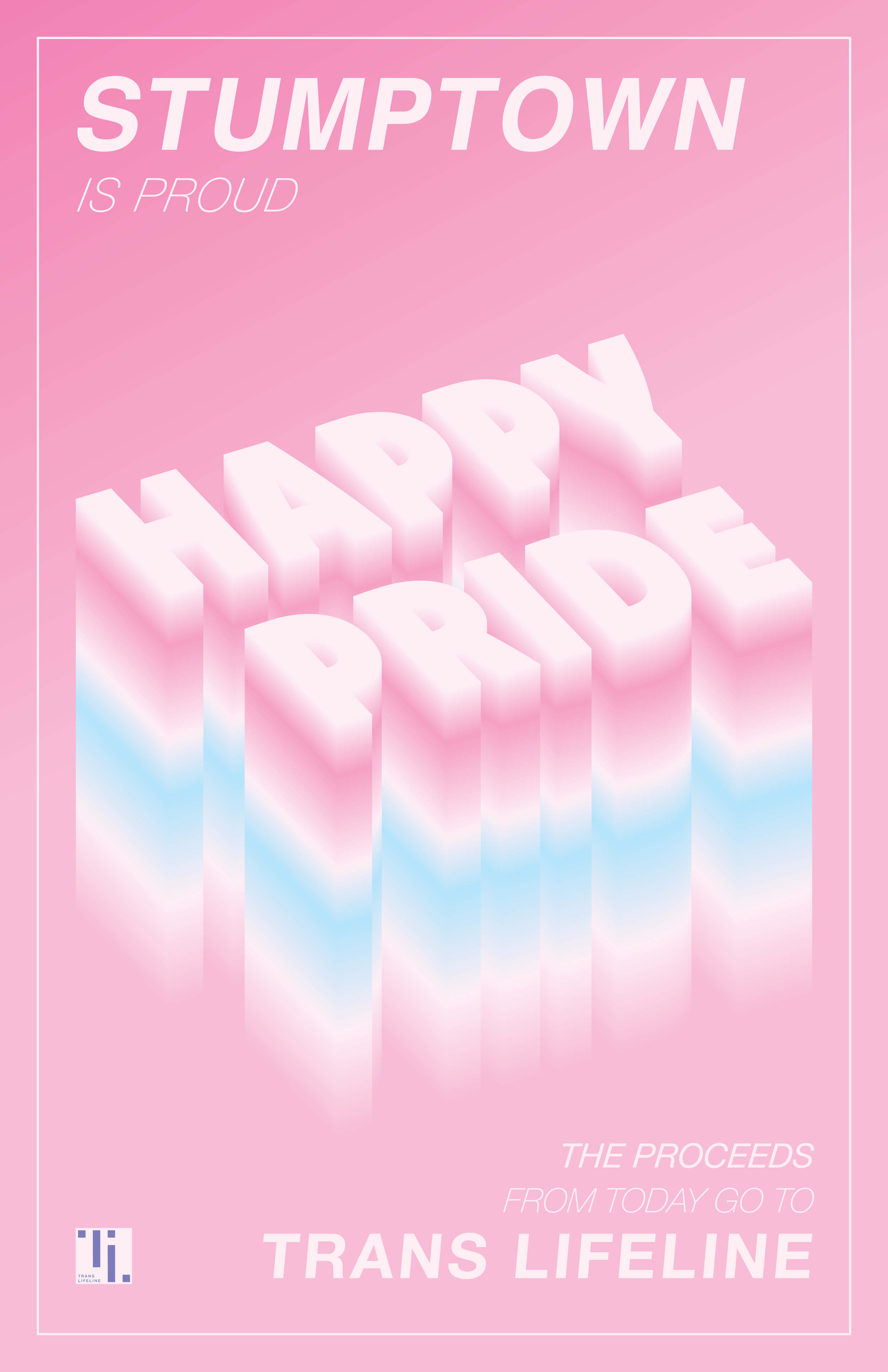 Pink promotional poster with white and blue 3D text that reads "HARDY" and additional text indicating support for Trans Lifeline, a trans support organization.