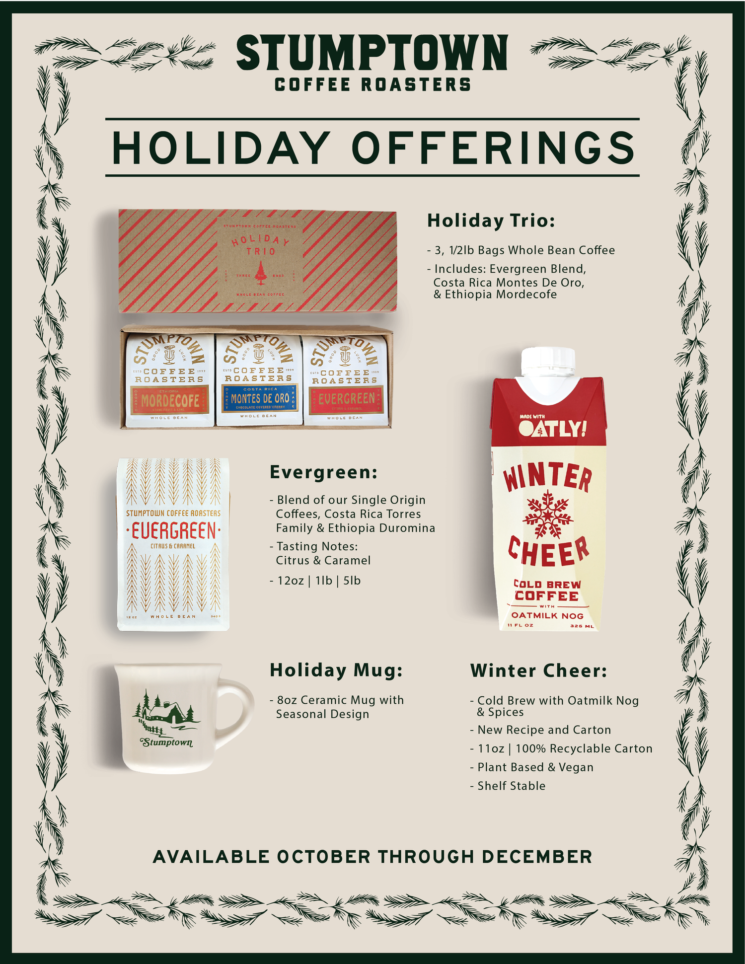 Holiday promotion poster for Stumptown Coffee Roasters featuring holiday coffee offerings, mugs, and cheer-themed packaging with Christmas designs.